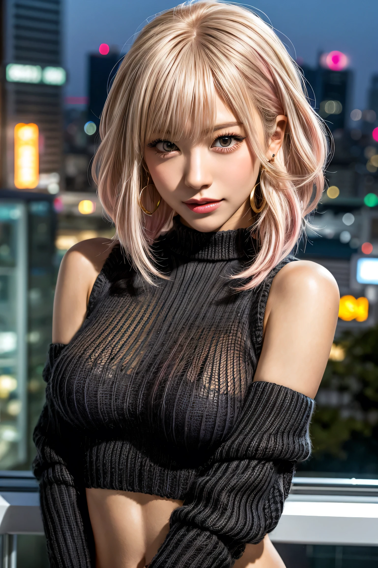 highest quality, Tabletop, 超A high resolution, (Realistic:1.4), (Japanese Idols),RAW Photos, One Girl, night,Detailed skin,Blurred cityscape of South Korea,,(Blonde:1.2), (Pink inner hair:1.3),Glossy Lips,smile,(Model pose:1.2),21 years old,Beautiful and beautiful eyes,Eyeshadow,Diamond jewellery,Earrings,Gold Jewelry,(Tight black knitwear:1.3),,(Tempered shoulders:1.2),A well-trained body,(Pixie Cut),round face