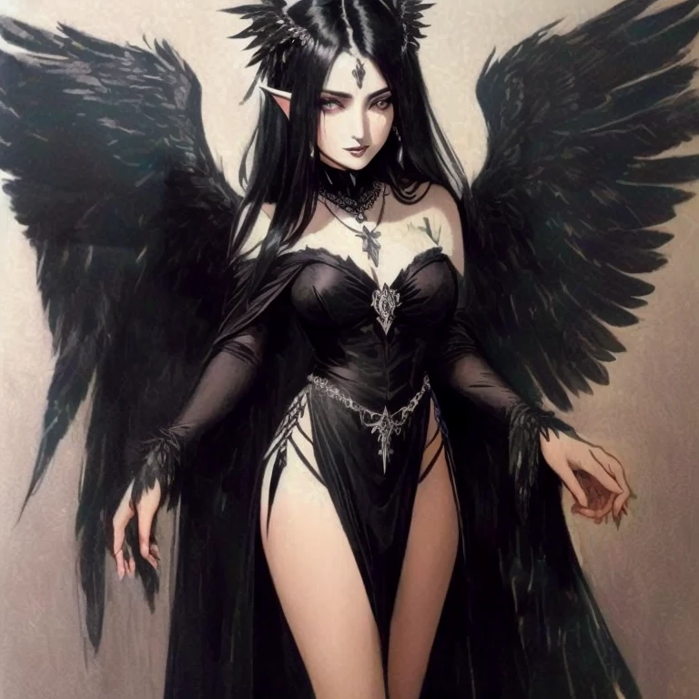 arafed drawing of a woman with black wings and a necklace, villainess has black angel wings, dark angel of coffee, angel with black wings, dark feathered wings, harpy woman, morrigan, black wings instead of arms, 3 / 4 view of woman with wings, young harpy-girl, inka harpy girl, beautiful gothic xray angel