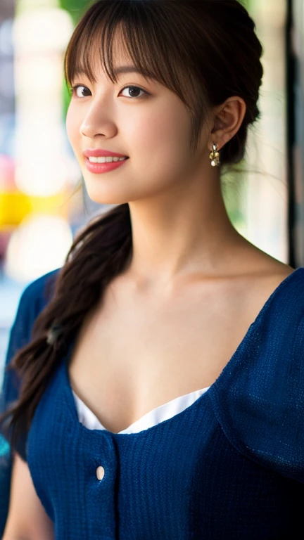 A girl named Saori, Ponytail, Black Hair, 20 years old, ample bosom, Plump, first-person view, Soft Flare, f/1.4, 85mm, Nikon, soft smile, UHD, retina, masterpiece, ccurate, anatomically correct, textured skin, super detail, high details, high quality, best quality, highres, 1080P, HD, 4K, 8k, casual dress