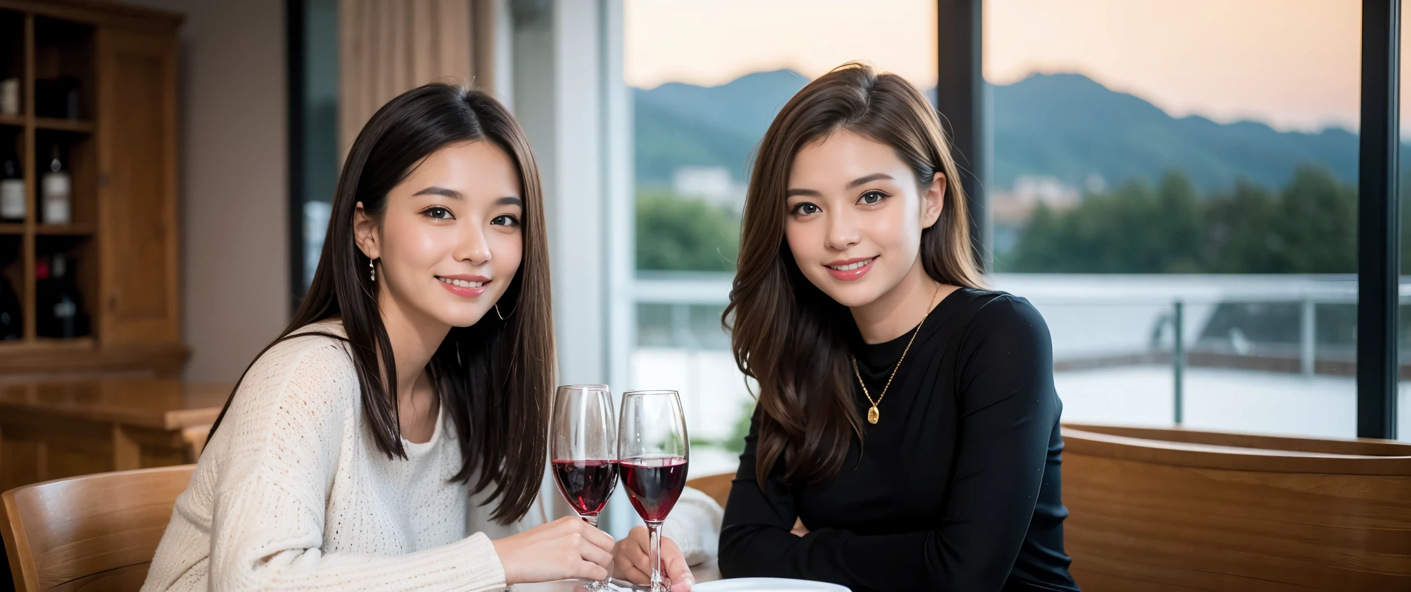 ((highest quality、8k、masterpiece:1.3))、1 male、1 female、Couple、Spouse、Couple、The body is slim、((Bob Hale、Straight hair:1.2)), (Realistic, Intricate details:1.2), テーブルの上のwine glass、Put the light on your face、 Amazing view of the sunset sky and clouds、Amazing mountain views、A bright smile、The wonderfulness of smile、Bright image、The beauty of wine, Beautiful Face, blue eyes, The light shines on your face, Blushing, short hair,Bright Face、 (Age 37), 39 years old, red wine 、Appetizers、Italian food、Wine bottle、Champagne、sparkling wine、Two beauties、Brown Hair、Shortcuts、Long sleeve shirt、dress、Pretty Woman 1, (slimな顔), (The body is slim), (Brown Hair), (Shortcuts), cheeks turn a little red,Attractive beauty、restaurant, In a prominent place (From the waist up) Nova Frog Style, actress, model, Upper Body, White wine, slim, wine glass, 中央に置かれたwine glass, smile, (smile: 1.15), Beautiful fine grain, Depth f/2,saturation, High Contrast, Strong light and shadow,Moist Body:1.5、3D texture、Delicate eyes、Brown Hair、The hair is very shiny、