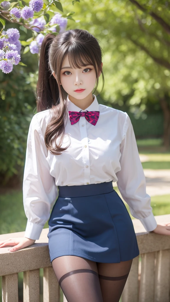 highest quality, masterpiece,, One girl, alone, , White shirt, Black Skirt, Light Hair, Semi-long hair, Beautiful detailed girl, Highly detailed eyes and face, Beautiful fine details, shy, nature, Shine, View your viewers, Outdoor, loafers, Black Pantyhose, Blue bow tie, Straight hair, Purple petals, Purple and blue flowers, Red Eyes, ponytail, Blue Ribbon,Beautiful thighs, Large Breasts, Red eyes,