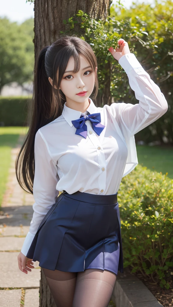 highest quality, masterpiece,, One girl, alone, , White shirt, Black Skirt, Light Hair, Semi-long hair, Beautiful detailed girl, Highly detailed eyes and face, Beautiful fine details, shy, nature, Shine, View your viewers, Outdoor, loafers, Black Pantyhose, Blue bow tie, Straight hair, Purple petals, Purple and blue flowers, Red Eyes, ponytail, Blue Ribbon,Beautiful thighs, Large Breasts, Red eyes,