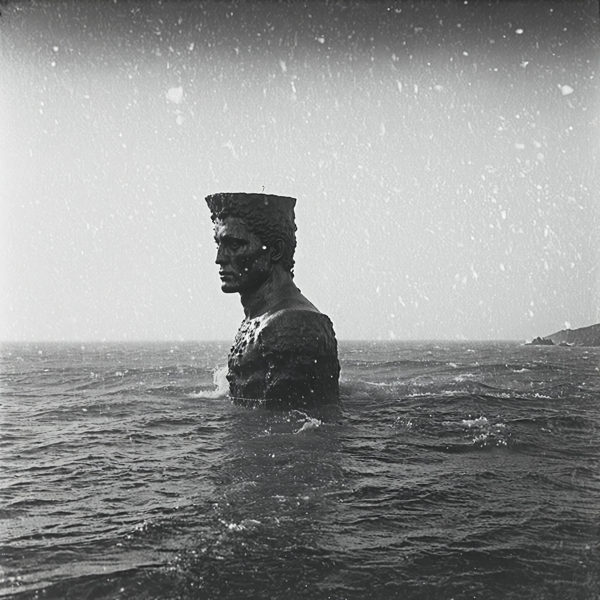 grainy, polaroid, 35mm vintage, realistic old footage, arafed statue in the middle of the ocean with a large head, sculpture made of water, underwater statues, colossus of rhodes, misha gordin, giant head statue ruins, alessio albi, face in water, surrealist photography, surreal water art, rising from ocean, surrealism aesthetic, half face in the water, by Dan Hillier