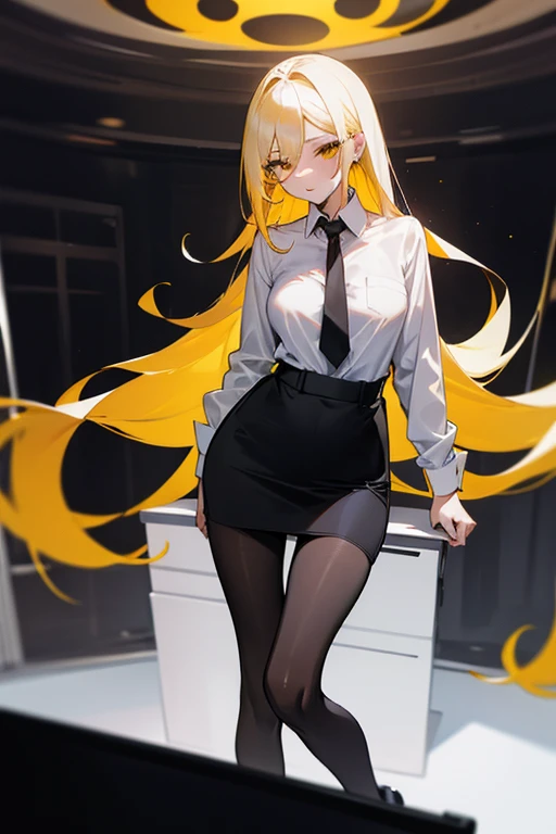 A woman in black pantyhose stands in her office, Wearing a black miniskirt and white unbuttoned shirt,Long yellow hair, black silk, Very white skin,, Very sexy miniskirt,,black heels