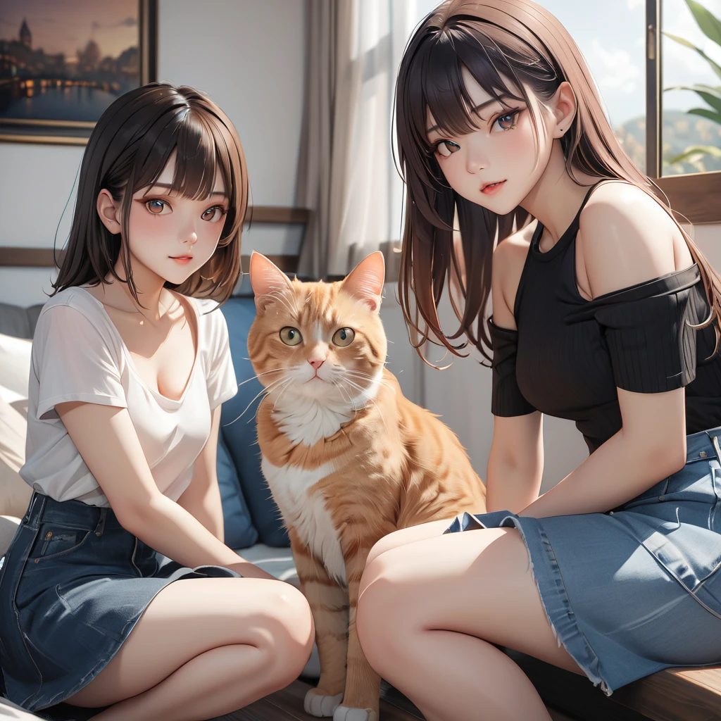 highest quality, Perfect Face, Complex, Beautiful views, Ultra-realistic 8K CG,Perfect artwork, (Ultra-high resolution:1.0), 8k, RAW Photos, (masterpiece:1.2), (PurerosFace_v1:0.5), Cat２Animals, Three Girls, Sitting, Crouching with one&#39;s back turned, ***の背中の上で丸くなって寝るCat, Girl&#39;s face looking back, Catが上に, Girl below, Curled up in the cold, 丸くなっている***とCatを見ている友人の***, indoor, Western-style room, poster on wall, Low Desk, textbook, Note, A scene of students relaxing while studying for a test