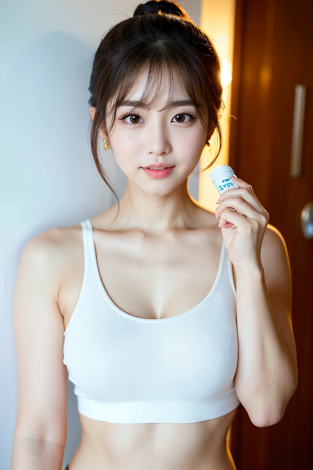 1 Real photos of cute Korean stars, Short Ponytail, White skin, light makeup, Chest size 32 inches, Wearing a camisole tank top, holding cream in hand,Bright interior, Upper body portrait,