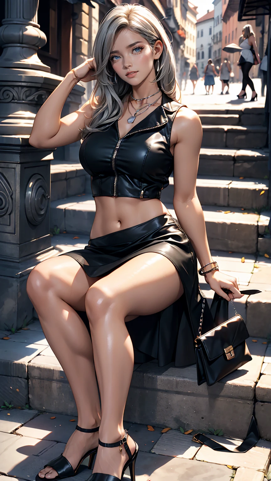 26 year old Caucasian female、Wear a black sleeveless zipper-up top、Navel visible、Lower milk visible、Wear a low-rise black mini skirt、Wear stiletto heels、Have a clutch bag、long hair、Silver Hair、smile、Sit down on the stone steps in the Old Town Square、Crossing your legs、smile