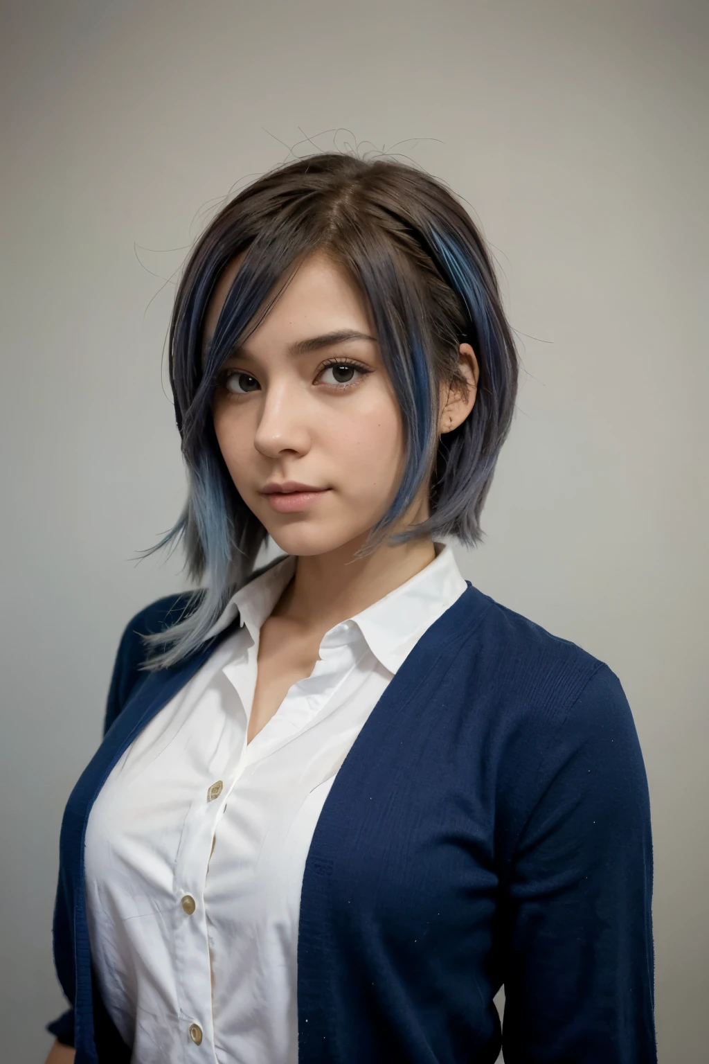 Personaje femenino al estilo de boku no hero academy con el cabello ondulado tipo 2c color cobrizo claro y largo, color de ojo izquierdo azul y el derecho marron