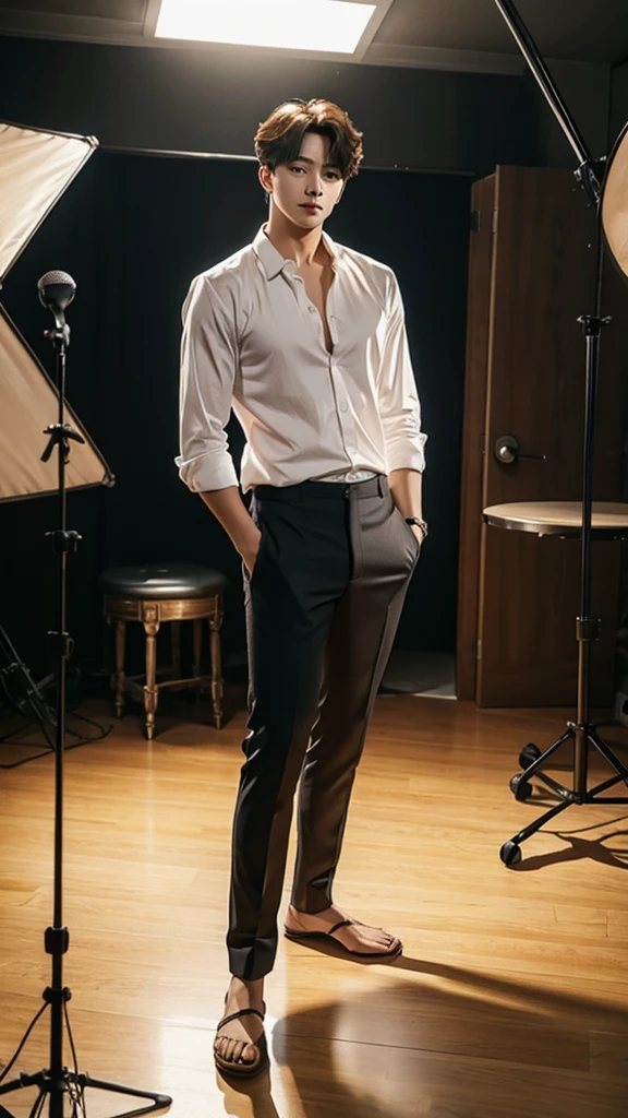 Full length portrait of handsome jungkook standing in underwear in studio