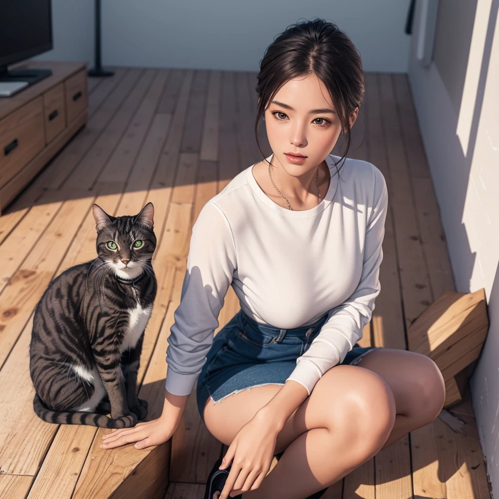 highest quality, Perfect Face, Complex, Beautiful views, Ultra-realistic 8K CG,Perfect artwork, (Ultra-high resolution:1.0), 8k, RAW Photos, (masterpiece:1.2), (PurerosFace_v1:0.5), Cat２Animals, Two Girls, Sitting, Crouching with one&#39;s back turned, ***の背中の上で丸くなって寝るCat, Girl&#39;s face looking back, Catが上に, Girl below, Curled up in the cold, 丸くなっている***とCatを見ている友人の***, indoor, Western-style room, poster on wall, Low Desk, textbook, Note, A scene of students relaxing while studying for a test