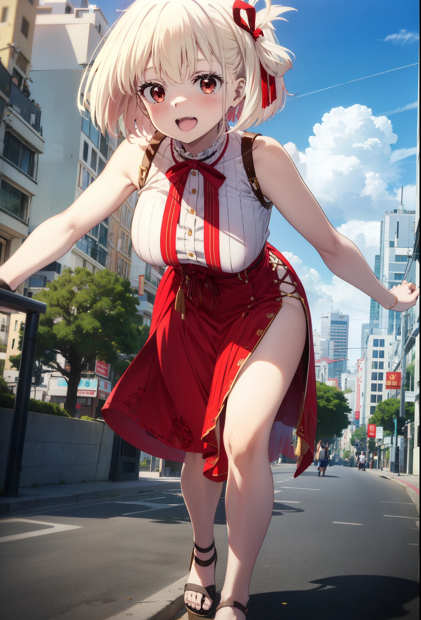 chisatonishikigi, Chisato Nishikigi, short hair, bangs, blonde, (Red eyes:1.5), Hair Ribbon, One side up, Bobcut,happy smile, smile, Open your mouth,
Open your mouth, Red sleeveless dress,Bare arms,Red long skirt,Cute Sandals,whole bodyがイラストに入るように,Daytime,sunny, walk,Looking up from below,break looking at viewer,whole body,break outdoors, In town,Coastal Road, break (masterpiece:1.2), highest quality, High resolution, unity 8k wallpaper, (shape:0.8), (Beautiful details:1.6), Highly detailed face, Perfect lighting, Extremely detailed CG, (Perfect hands, Perfect Anatomy),