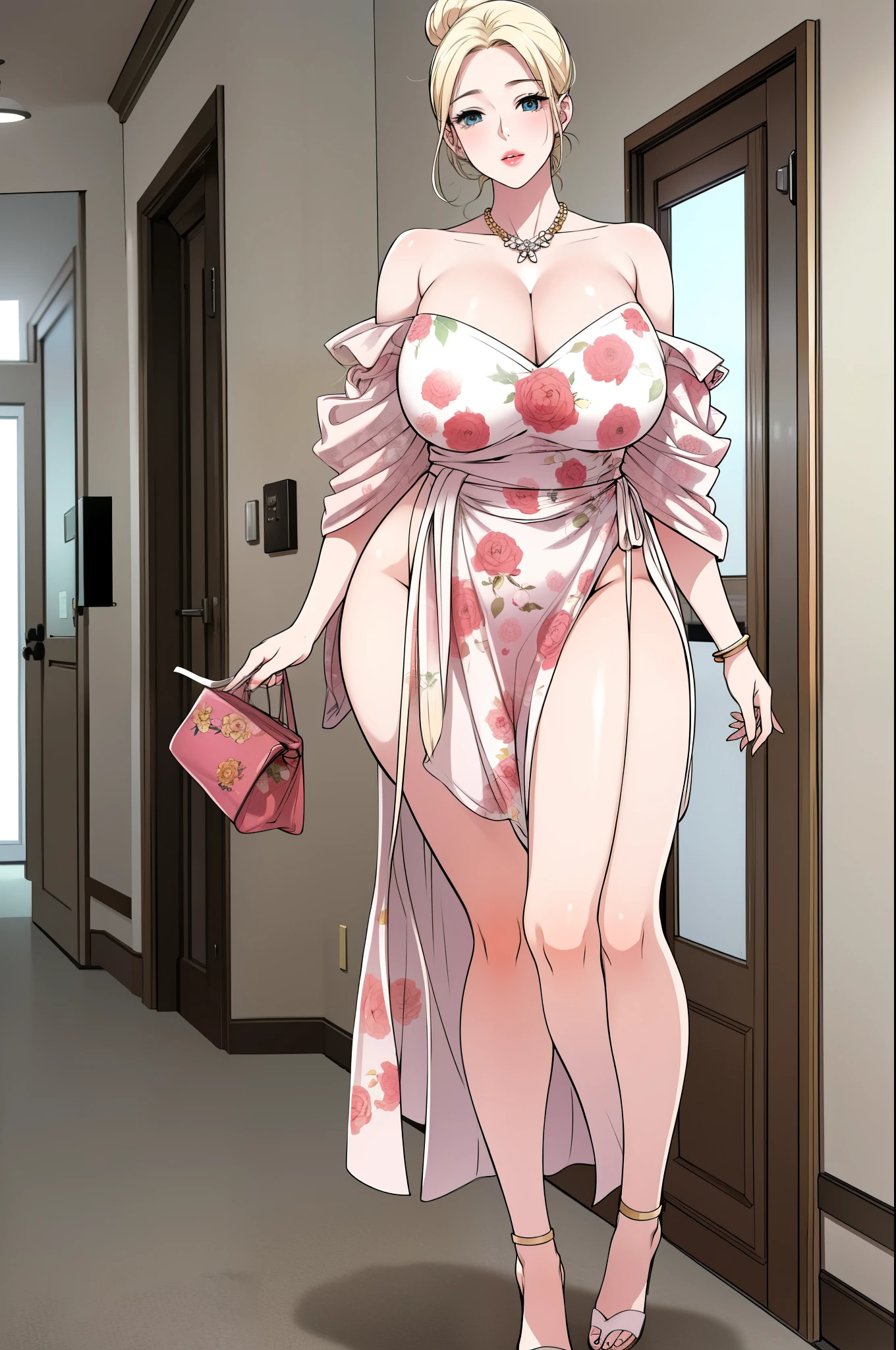 An extremely beautiful busty mother,  26, gold blonde long silky hair, blue oceanic eyes, extremely super bright snow white fair stunning flawless glowing lush shiny white skin, and complexion, a perfect tight hourglass figure, a thick plump ass, cleavage, and perfect hips, wearing a short loose pink revealing floral robe-like-dress with a white off-the-shoulder cardigan, yellow heels, jewelry on the neck, gold bangles on her wrist, and silver anklets on her legs, gold chain on the waist, a cute adorable smile on lips, pink lips, pink nails, roses on hair bun, standing straight, hands joined together, looking at the viewer, big hallway in the background, night time, show full body from head to feet.
