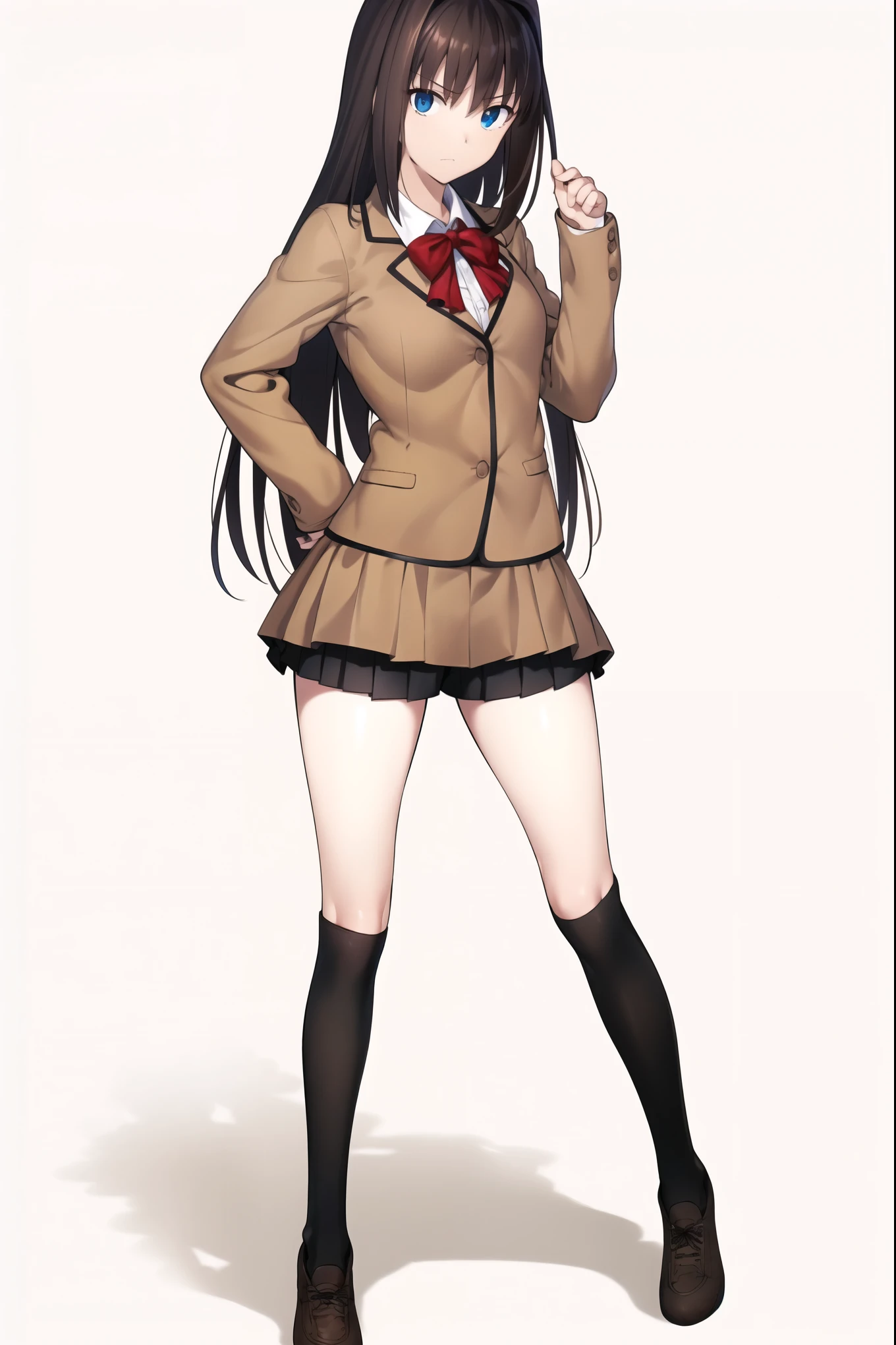 8k, high quality, AokoSchoolUniform, ((1girl)), (((solo))), (chestnut-brown hair with slightly reddish undertone), perfect face, red bowtie, beige blazer, (((Umber pleated mini-skirt:1.6))), (black spandex shorts:1.4), (nice thighs:1.4), (Over-the-Knee black Socks:1.5), brown Strap-Shoes shoes, (standing), (full body), (white-empty background:1.4), completely empty background
