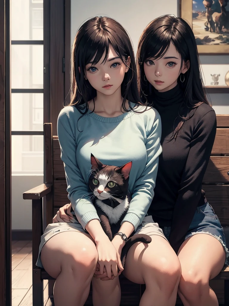 highest quality, Perfect Face, Complex, Beautiful views, Ultra-realistic 8K CG,Perfect artwork, (Ultra-high resolution:1.0), 8k, RAW Photos, (masterpiece:1.2), (PurerosFace_v1:0.5), Cat２Animals, Two Girls, Sitting, Crouching with one&#39;s back turned, ***の背中の上で丸くなって寝るCat, Girl&#39;s face looking back, Catが上に, Girl below, Curled up in the cold, 丸くなっている***とCatを見ている友人の***, indoor, Western-style room, poster on wall, Low Desk, textbook, Note, A scene of students relaxing while studying for a test