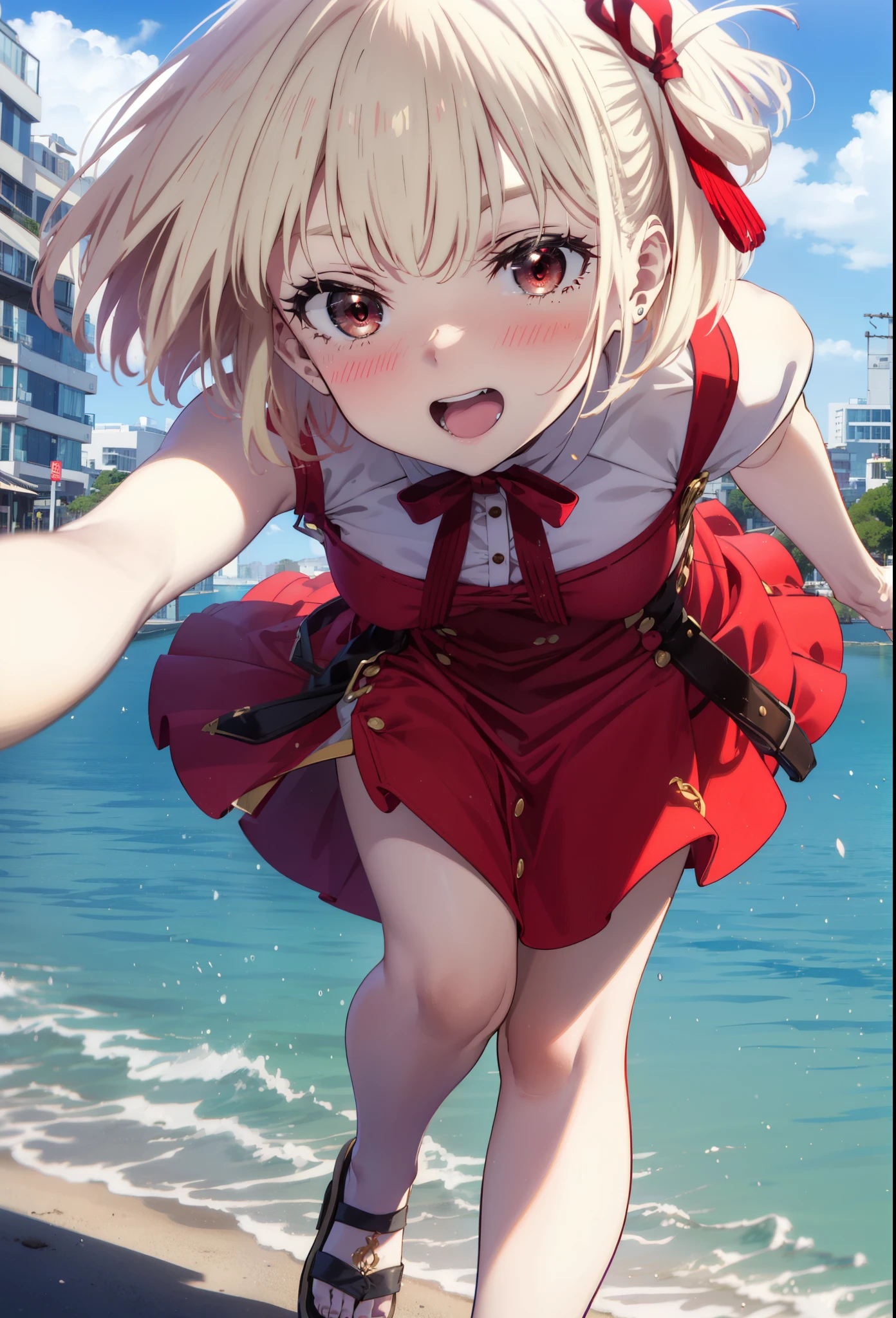 chisatonishikigi, Chisato Nishikigi, short hair, bangs, blonde, (Red eyes:1.5), Hair Ribbon, One side up, Bobcut,happy smile, smile, Open your mouth,
Open your mouth, Red sleeveless dress,Bare arms,Red long skirt,Cute Sandals,whole bodyがイラストに入るように,Daytime,sunny, walk,Looking up from below,break looking at viewer,whole body,break outdoors, In town,Coastal Road, break (masterpiece:1.2), highest quality, High resolution, unity 8k wallpaper, (shape:0.8), (Beautiful details:1.6), Highly detailed face, Perfect lighting, Extremely detailed CG, (Perfect hands, Perfect Anatomy),