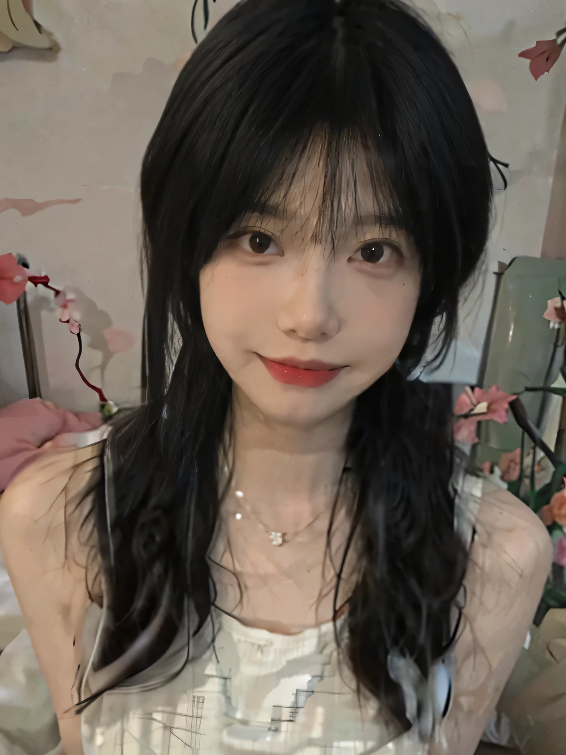 best quality, Ultra-high resolution, (Realistically:1.4),Baoyu Girl,Kneeling on the bed,(Large Breasts:1.2) ,A pair of clear and charming peach blossom eyes,Royal sisters,Sunshine on the face,Big wavy hairstyle,(necklace:1.2),(White skin:1.4),Lovely,a sense of atmosphere,A beautiful girl,sweet smile,Look directly at the audience,(lifelike:1.4),1 girl,Sexy,(Upper Body:1.4),(wet:1.2),Middle parted bangs,Pink cute bedroom background,sleeveless tops,White suspender top