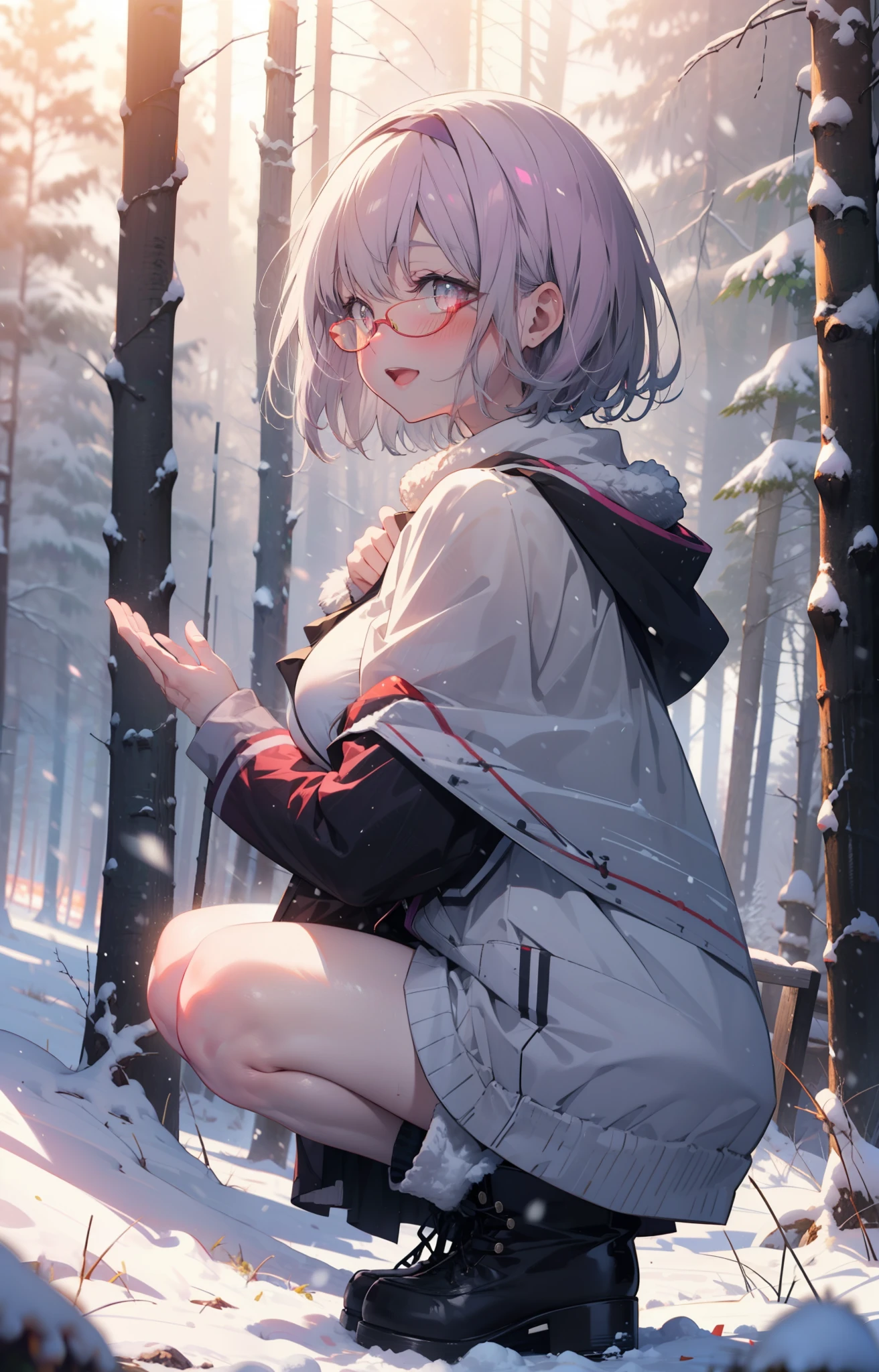 akaneshinjou, shinjou akane, Light purple hair, (Pink Eyes:1.2), short hair,Akagi Glasses,hair band,smile,blush,White Breath,Big Breasts,
Open your mouth,snow,Ground bonfire, Outdoor, boots, snowing, From the side, wood, suitcase, Cape, Blurred, , forest, White handbag, nature,  Squat, Mouth closed, Cape, winter, Written boundary depth, Black shoes, red Cape break looking at viewer, Upper Body, whole body, break Outdoor, forest, nature, break (masterpiece:1.2), highest quality, High resolution, unity 8k wallpaper, (shape:0.8), (Beautiful and beautiful eyes:1.6), Highly detailed face, Perfect lighting, Highly detailed CG, (Perfect hands, Perfect Anatomy),