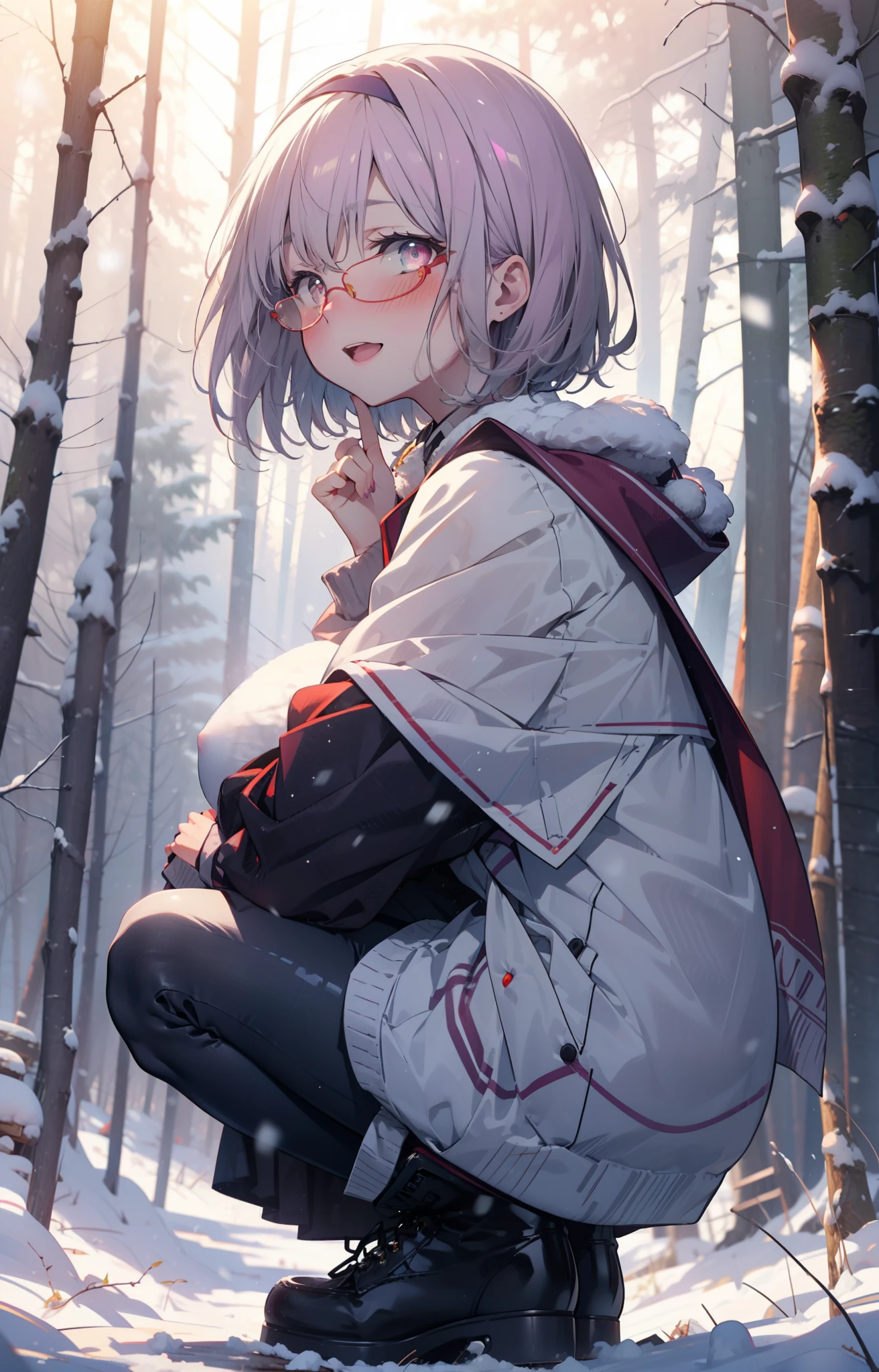 akaneshinjou, shinjou akane, Light purple hair, (Pink Eyes:1.2), short hair,Akagi Glasses,hair band,smile,blush,White Breath,Big Breasts,
Open your mouth,snow,Ground bonfire, Outdoor, boots, snowing, From the side, wood, suitcase, Cape, Blurred, , forest, White handbag, nature,  Squat, Mouth closed, Cape, winter, Written boundary depth, Black shoes, red Cape break looking at viewer, Upper Body, whole body, break Outdoor, forest, nature, break (masterpiece:1.2), highest quality, High resolution, unity 8k wallpaper, (shape:0.8), (Beautiful and beautiful eyes:1.6), Highly detailed face, Perfect lighting, Highly detailed CG, (Perfect hands, Perfect Anatomy),