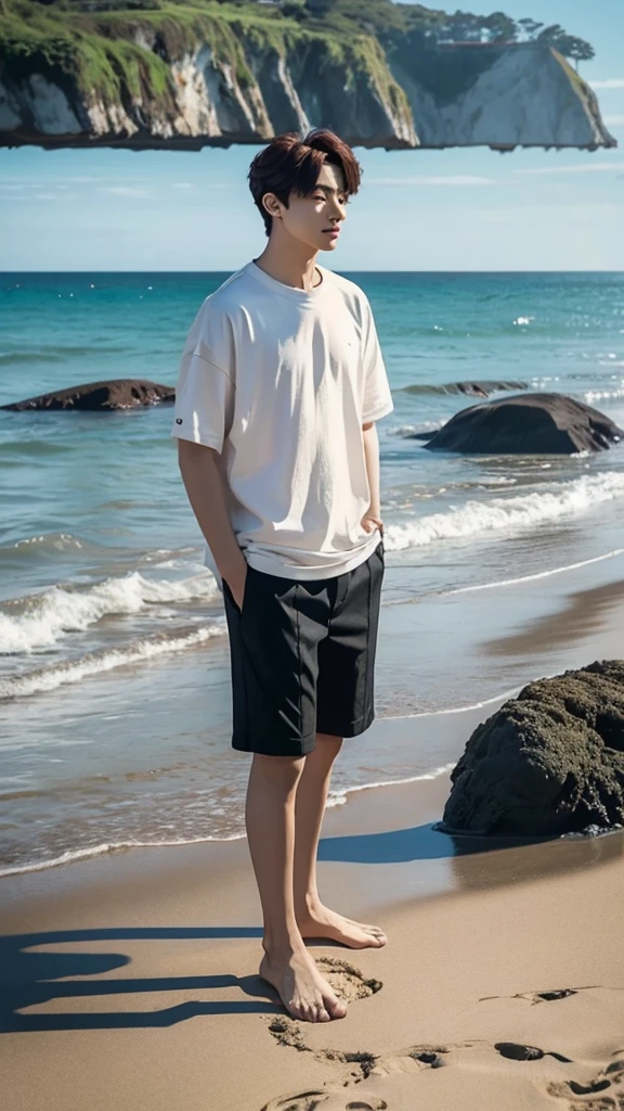 Full body of jungkookt in casual clothes standing on dark sand of seashore by rocky cliff on sunny day and looking away