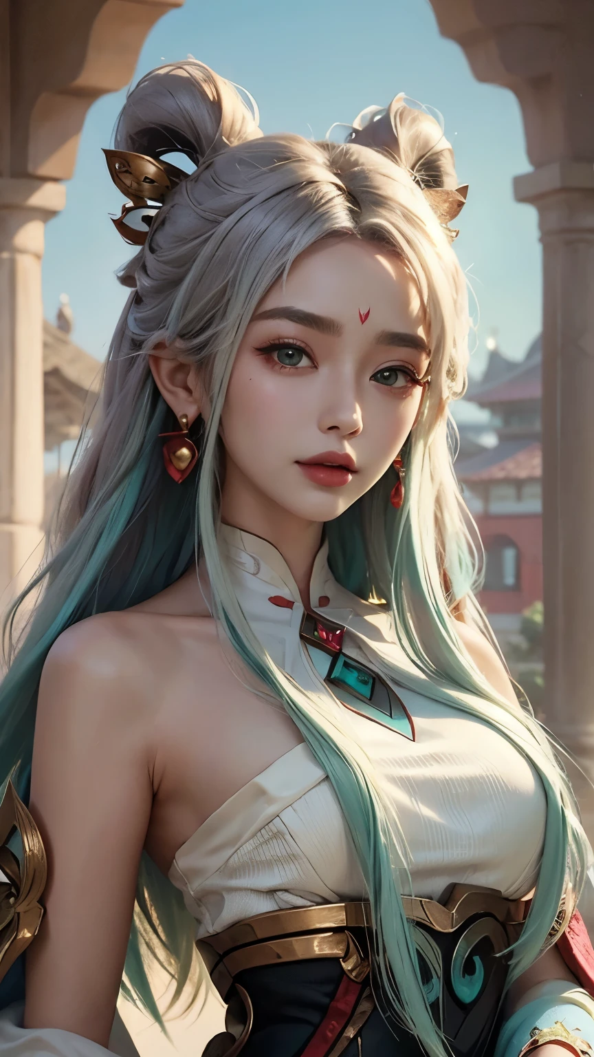 (masterpiece, best quality:1.2), intricate details, mythmaker irelia, 1girl, hair ornament, hair rings, bare shoulders, dress, detached sleeves, forehead mark, multicolored hair, white hair, earrings, green eyes, textured skin, looking at viewer, solo, light smile, (mature female:1.2),sexy pose:1.6,