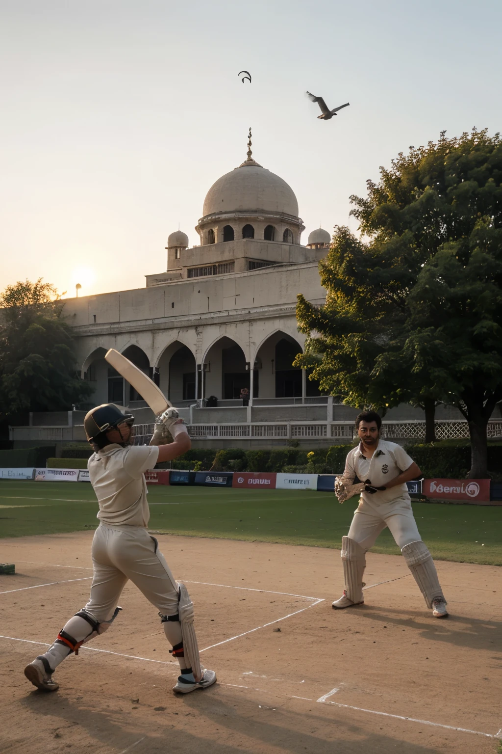 Boys playing cricket in ground, near groud trees and river, sunset time, birds are flying and aeroplane also flying in sky, near gound a beautiful mosque.