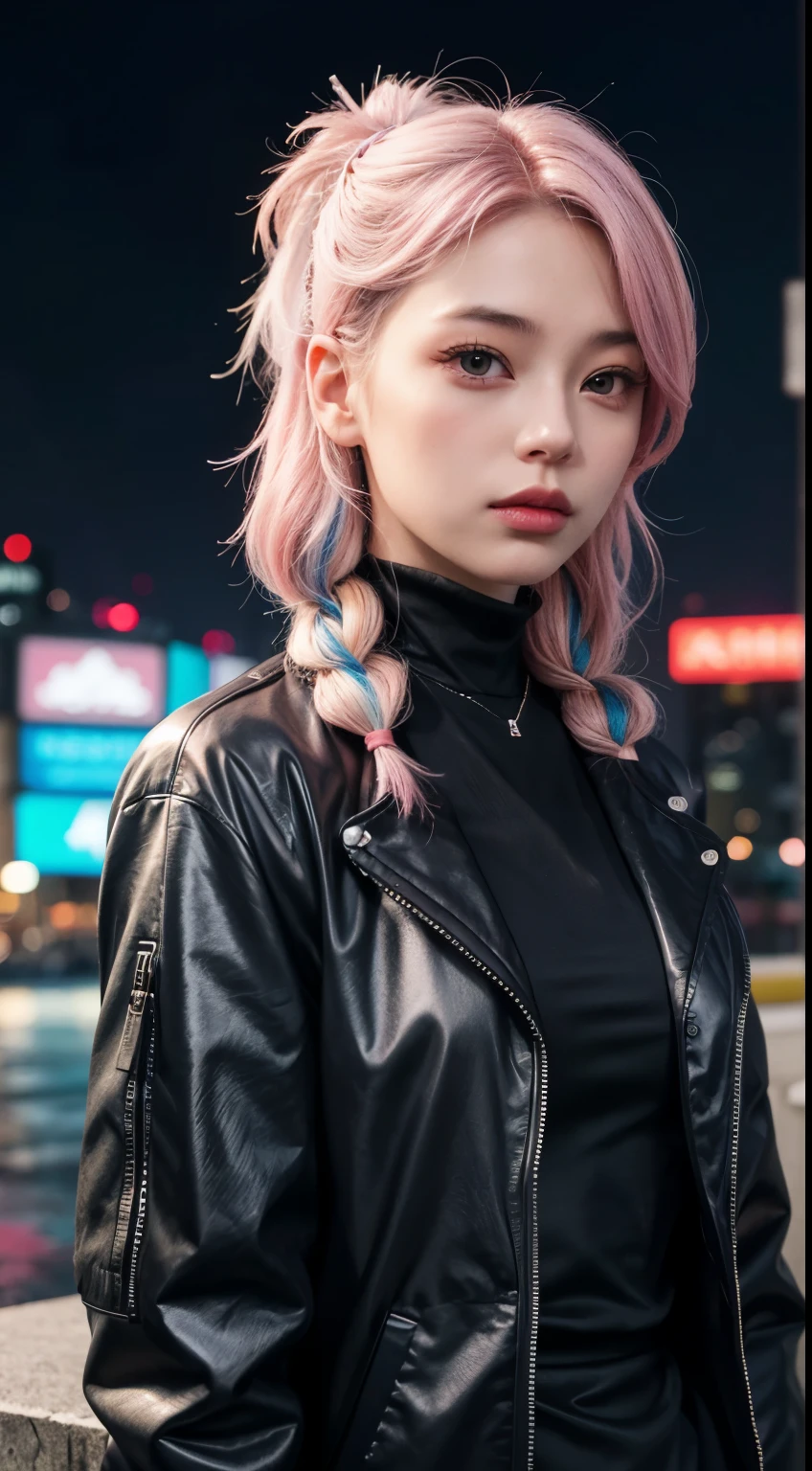  1 girl, scrunchie, hime cut, silver hair, colored ends, full moon, gray eyes, jacket, long sleeves, looking at viewer, mid-length hair, multi-colored hair, separate bangs, 2 braids on sides, parted lips, pink hair, portrait, red eyeliner, red lips, solo, white jacket, cyberpunk \(series\), rainy night in a cyberpunk city with bright neon lights