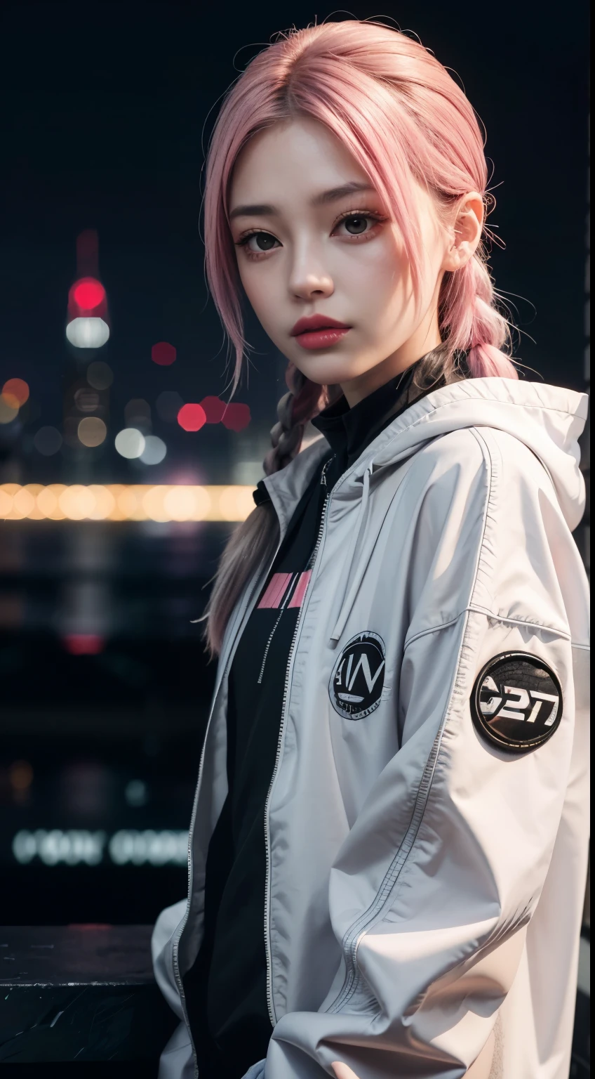 1 girl, scrunchie, hime cut, silver hair, colored ends, full moon, gray eyes, jacket, long sleeves, looking at viewer, mid-length hair, multi-colored hair, separate bangs, 2 braids on sides, parted lips, pink hair, portrait, red eyeliner, red lips, solo, white jacket, cyberpunk \(series\), rainy night in a cyberpunk city with bright neon lights