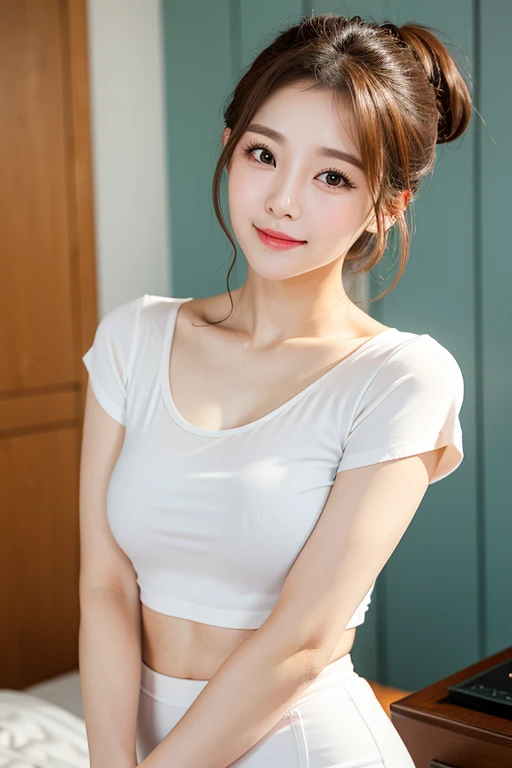 realistic photos of (1 cute Korean star) straight hair, ribbon, thin makeup, medium breasts size, slightly smile, camisole and shorts, lean against the wall, Sony FE, f/4.0, 135mm, blurry, chromatic aberration, 8k, super detail, UHD, retina, 16k