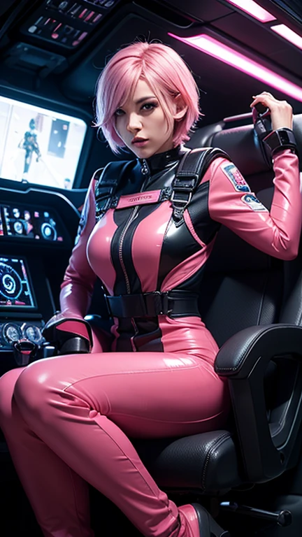 A young woman with short, pink hair, sits in a futuristic cockpit wearing a latex jumpsuit, form-fitting pink suit with black accents. She looks directly at the viewer, her expression serious and focused. The suit has various technical details and a high collar, and she is wearing mechanized gloves and harnesses. The cockpit is filled with high-tech equipment, suggesting a sci-fi setting ,full body shot .,hyperrealistic , cinematic lighting