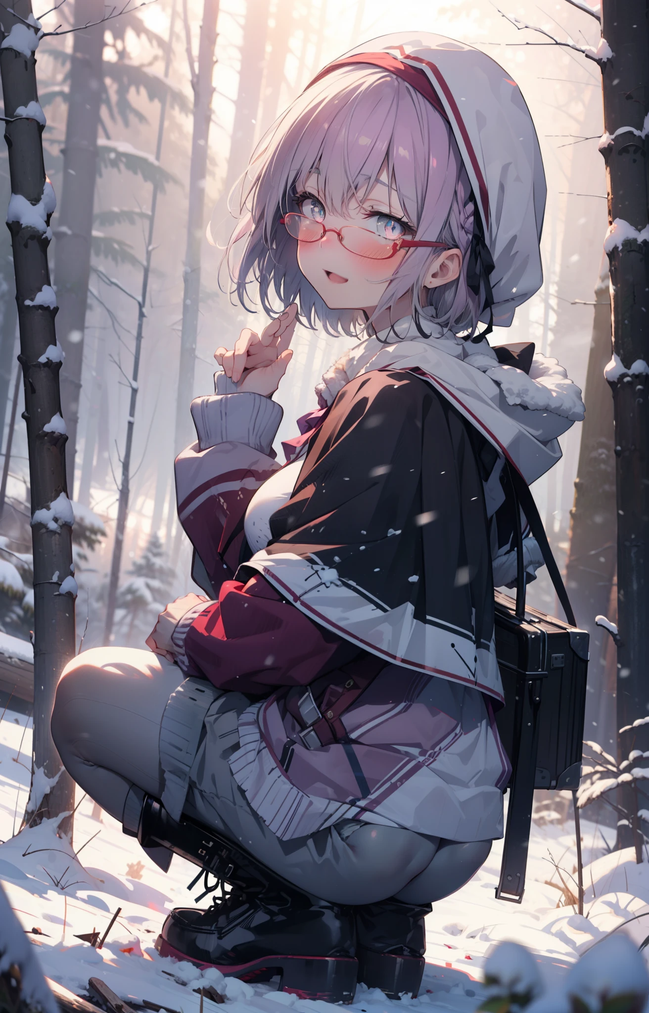 akaneshinjou, shinjou akane, Light purple hair, (Pink Eyes:1.2), short hair,Akagi Glasses,hair band,smile,blush,White Breath,Big Breasts,
Open your mouth,snow,Ground bonfire, Outdoor, boots, snowing, From the side, wood, suitcase, Cape, Blurred, , forest, White handbag, nature,  Squat, Mouth closed, Cape, winter, Written boundary depth, Black shoes, red Cape break looking at viewer, Upper Body, whole body, break Outdoor, forest, nature, break (masterpiece:1.2), highest quality, High resolution, unity 8k wallpaper, (shape:0.8), (Beautiful and beautiful eyes:1.6), Highly detailed face, Perfect lighting, Highly detailed CG, (Perfect hands, Perfect Anatomy),