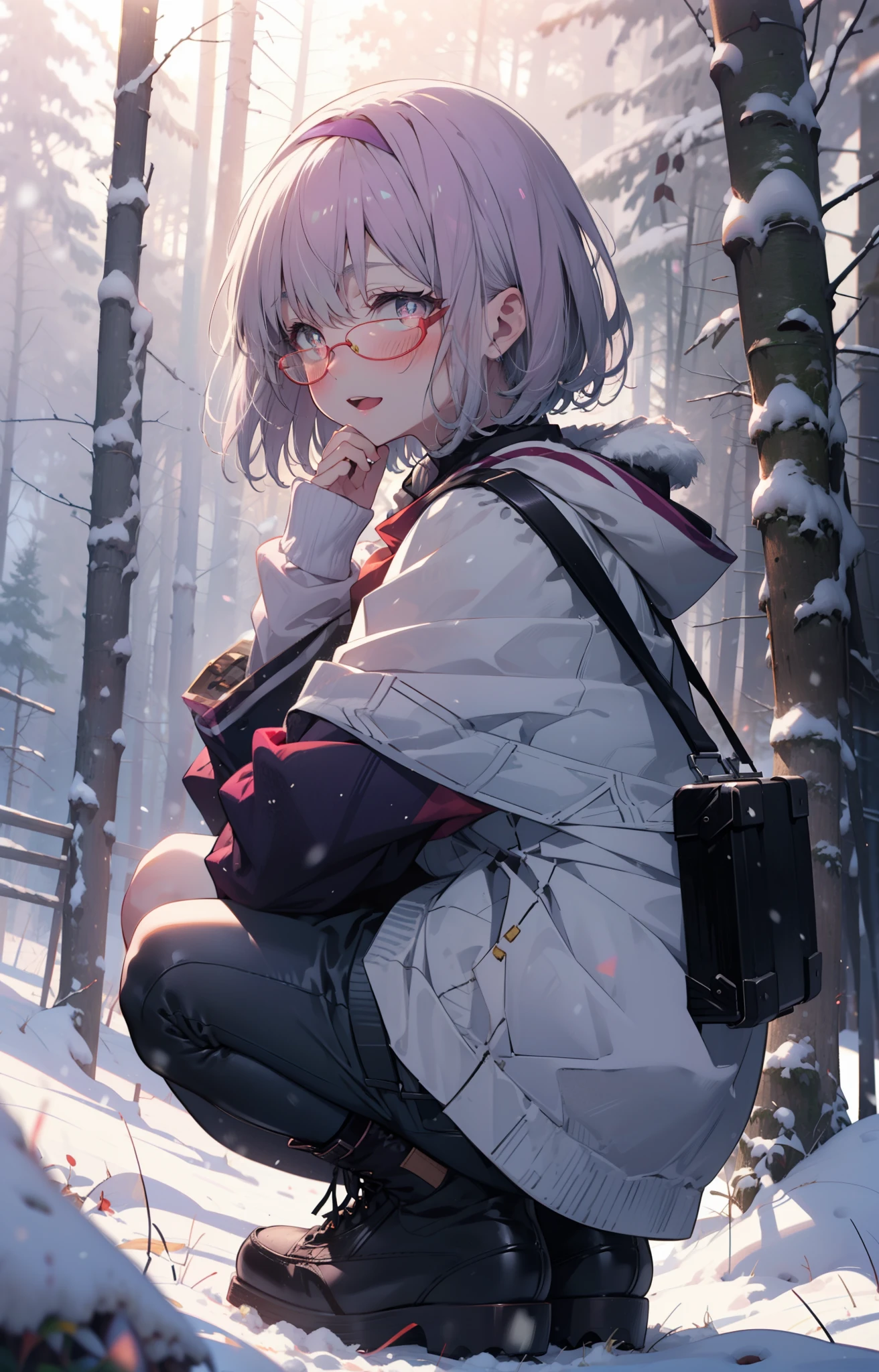 akaneshinjou, shinjou akane, Light purple hair, (Pink Eyes:1.2), short hair,Akagi Glasses,hair band,smile,blush,White Breath,Big Breasts,
Open your mouth,snow,Ground bonfire, Outdoor, boots, snowing, From the side, wood, suitcase, Cape, Blurred, , forest, White handbag, nature,  Squat, Mouth closed, Cape, winter, Written boundary depth, Black shoes, red Cape break looking at viewer, Upper Body, whole body, break Outdoor, forest, nature, break (masterpiece:1.2), highest quality, High resolution, unity 8k wallpaper, (shape:0.8), (Beautiful and beautiful eyes:1.6), Highly detailed face, Perfect lighting, Highly detailed CG, (Perfect hands, Perfect Anatomy),