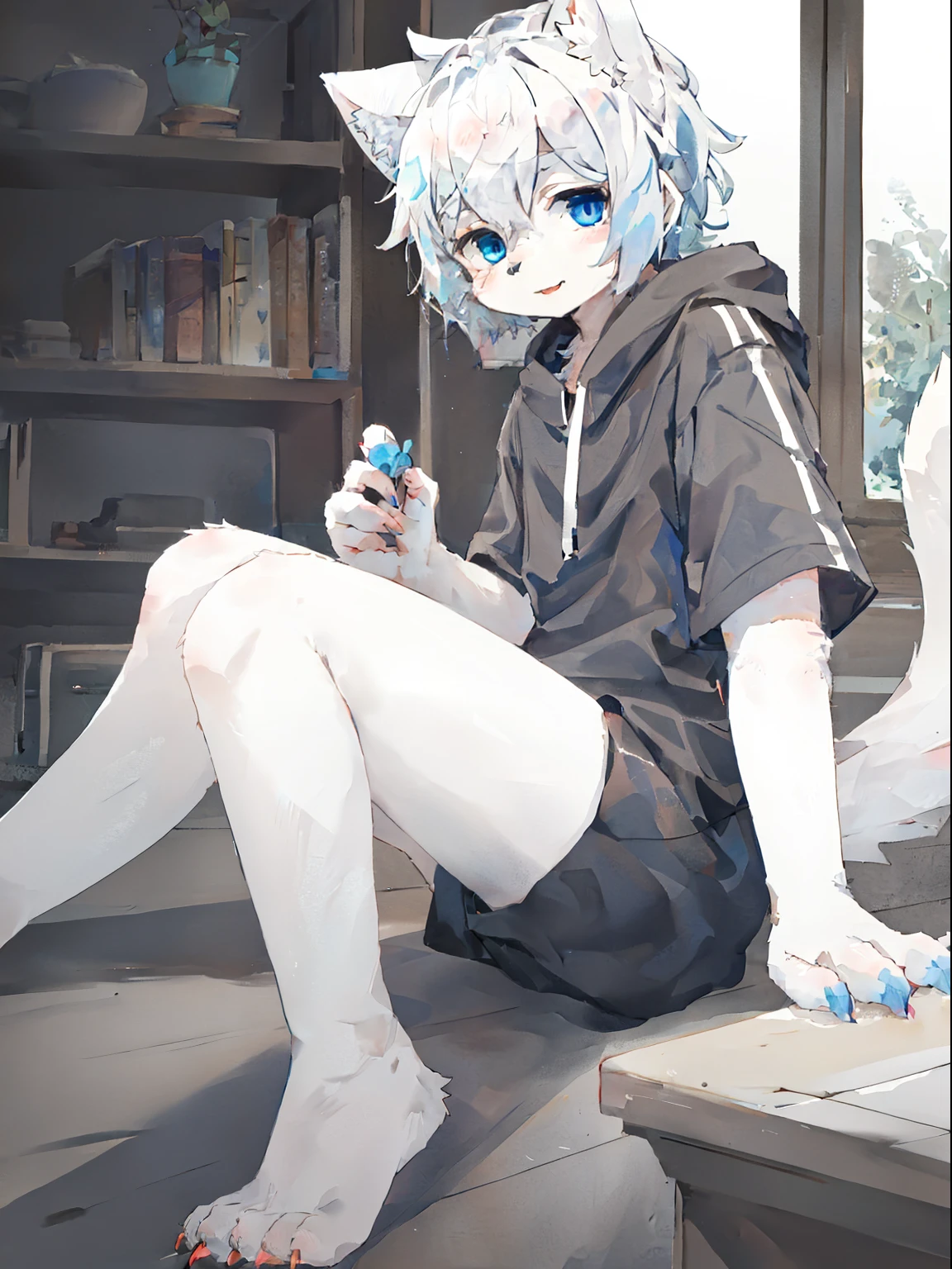 A cute and delicate furry male with white fur and hair everywhere, blue eyes, white fur everywhere, hands and legs with cat like claws, short nails, and a furry tail