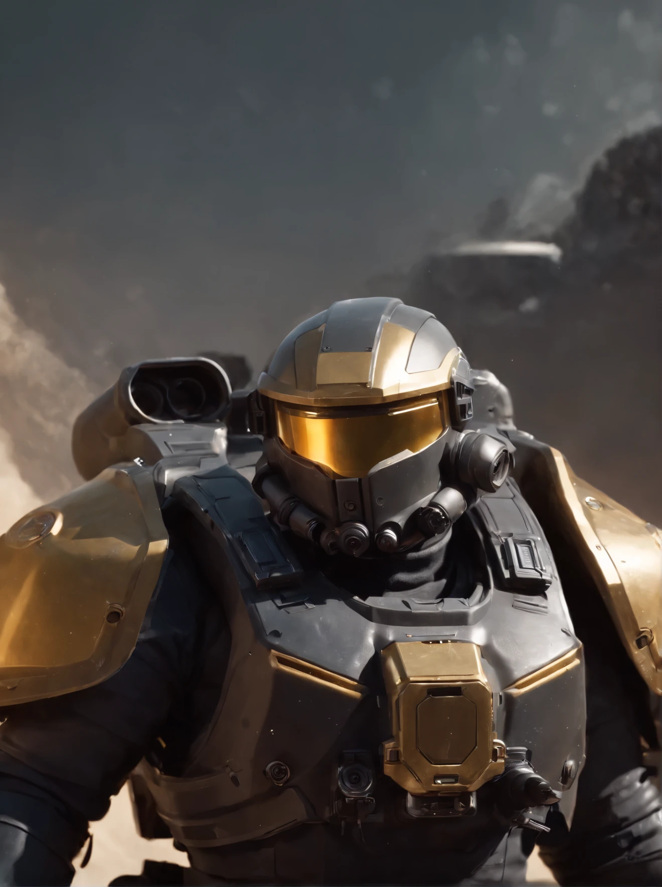 un primer plano de una persona sosteniendo un arma frente a una ciudad,(Helldivers 2), planeta marte, Fanart de helldivers 2, (armadura color negra con detalles dorados con capa de tela), arte de la portada del juego, Capa minimalista estilizada, portada del videojuego, obra de arte oficial del cartel, arte do cartaz promocional, 2022, 2 0 2 2, game poster, Arte conceptual oficial, arte clave del juego, arte conceptual de destino