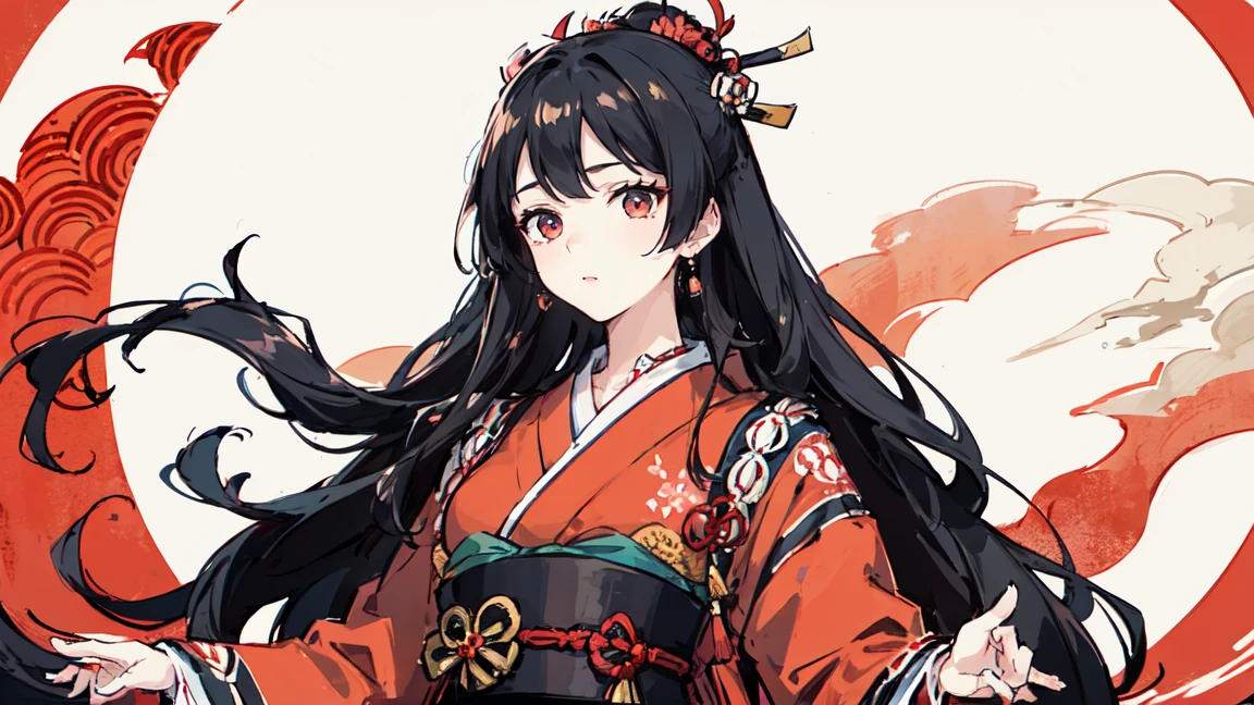 A mysterious and serene Japanese-style art piece featuring a woman with long black hair and red eyes, red eyeshadow, dressed in traditional Japanese clothing. She has traditional hair ornaments in her hair. The background includes ukiyo-e style blue waves, a red sun, and white clouds. The overall color scheme is vibrant with a contrast between dark and bright tones, showcasing intricate details that reflect traditional Japanese aesthetics.