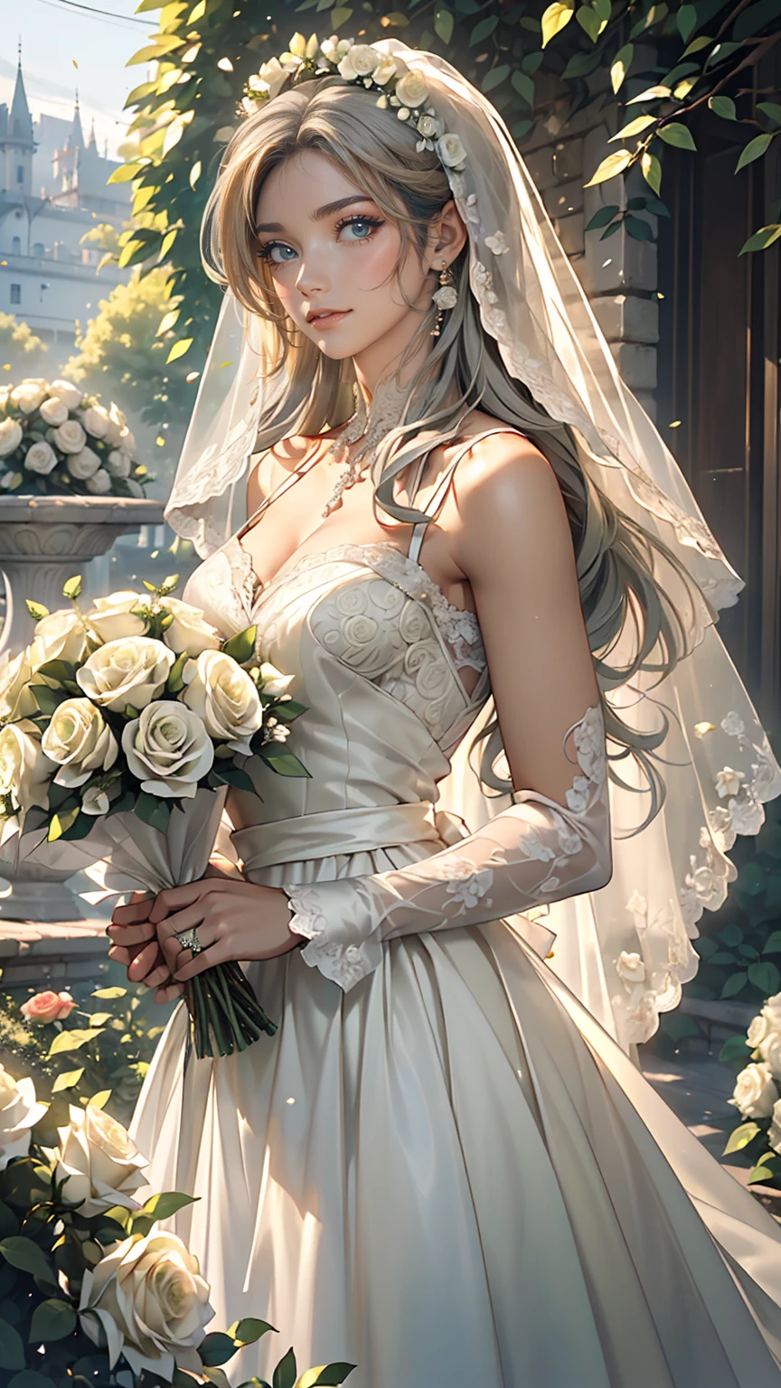 (masterpiece, highest quality, beautifully、beautiful:1.3), Upper Body, Recall, Show Viewer, One Girl, alone, A light smile, (Compensate, Long Hair, Light grey hair, Green Eyes:1.2), Save 0256, Bridal Veil, Lace Trim Dresses, See through, Wedding dress, Outdoor, White Rose, garden, morning, Are standing, Very detailed,