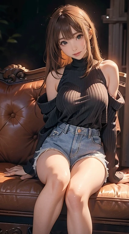 City of night((sofa、Sitting))、masterpiece、One girl per photo、(Dark Skin、26-year-old girl、make、Baby Face)(Dark skin、Realistic Skin、Dark Skin)(Shining Eyes)、Brown Hair、((inner、Off-the-shoulder white long-sleeve knit、Super big boobs))((Super denim shorts、Low rise))Bright smile、Long Hair、Hair behind the ear、Shiny and smooth blonde hair、Asymmetrical bangs、8K resolution、High definition、Elaborate hairstyles、Detailed face、Beautiful breasts、Beautiful valley、Narrow waist、Big Ass、Thin thighs、Dark Skin、Ultra-realistic、Perfect limbs、、Perfect fingertips、Perfect Anatomy、Attractive pose、Below the knee angle、short boots、Bold and sexy pose、Full Body Shot