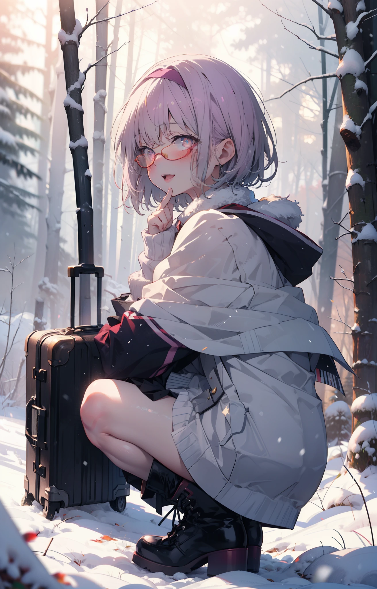 akaneshinjou, shinjou akane, Light purple hair, (Pink Eyes:1.2), short hair,Akagi Glasses,hair band,smile,blush,White Breath,Big Breasts,
Open your mouth,snow,Ground bonfire, Outdoor, boots, snowing, From the side, wood, suitcase, Cape, Blurred, , forest, White handbag, nature,  Squat, Mouth closed, Cape, winter, Written boundary depth, Black shoes, red Cape break looking at viewer, Upper Body, whole body, break Outdoor, forest, nature, break (masterpiece:1.2), highest quality, High resolution, unity 8k wallpaper, (shape:0.8), (Beautiful and beautiful eyes:1.6), Highly detailed face, Perfect lighting, Highly detailed CG, (Perfect hands, Perfect Anatomy),