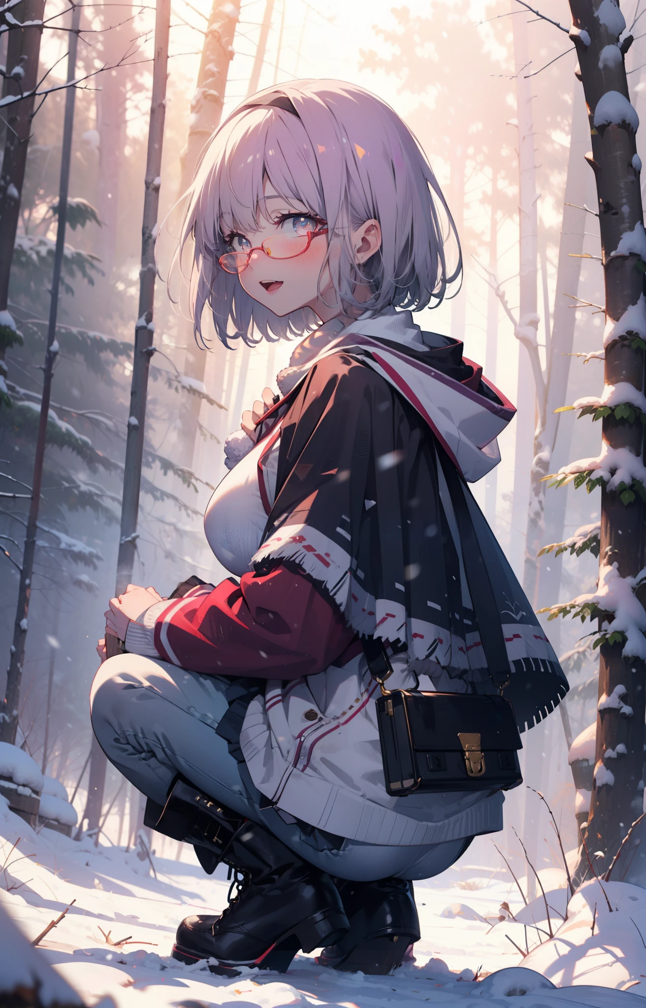 akaneshinjou, shinjou akane, Light purple hair, (Pink Eyes:1.2), short hair,Akagi Glasses,hair band,smile,blush,White Breath,Big Breasts,
Open your mouth,snow,Ground bonfire, Outdoor, boots, snowing, From the side, wood, suitcase, Cape, Blurred, , forest, White handbag, nature,  Squat, Mouth closed, Cape, winter, Written boundary depth, Black shoes, red Cape break looking at viewer, Upper Body, whole body, break Outdoor, forest, nature, break (masterpiece:1.2), highest quality, High resolution, unity 8k wallpaper, (shape:0.8), (Beautiful and beautiful eyes:1.6), Highly detailed face, Perfect lighting, Highly detailed CG, (Perfect hands, Perfect Anatomy),