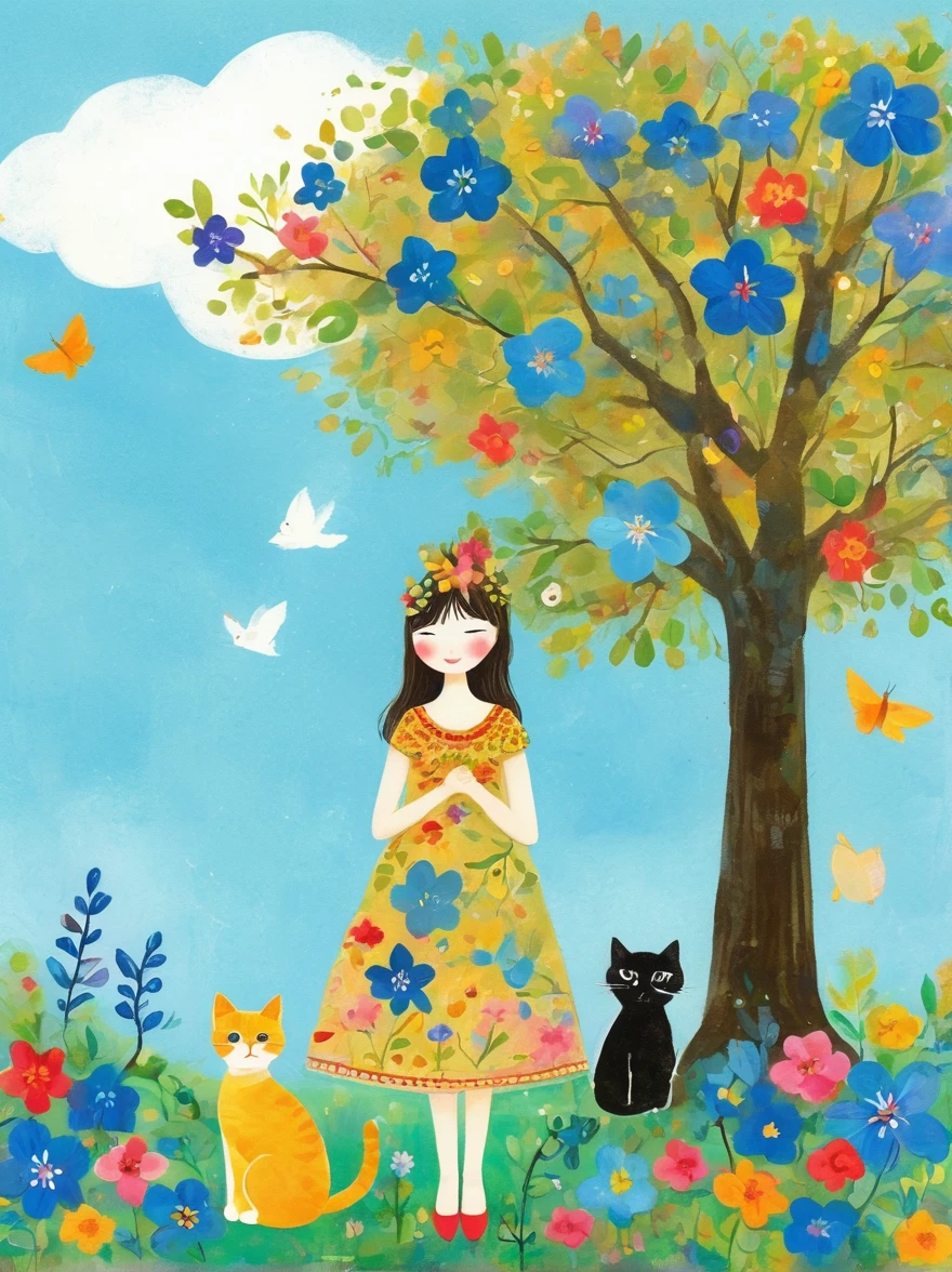 Neutral Color，Boho，Matte，Broken glass effect，Vivid and bright colors，Natural light，Iwona Lifsches and Catherina Abel Figurative Art，Lovely digital artwork in the style of Andy Kehoe and Jasmine 3 Griffith，Colored sketch of a broadleaf tree，(Beautiful young girl wearing a beautiful dress made of blue flowers:1.5)，(Holding a cute kitten:1.5)，Beautiful landscape background，Colorful leaves on the tree，White Cloud，fantasy-realism，Fascinating，HDR，Highly detailed photorealistic digital art，Miki Asai macro photography，close up，Ultra Detailed，Popular on artstation，Sharp focus，Studio Photos，Intricate details，Very detailed，greg rutkowski，mystery