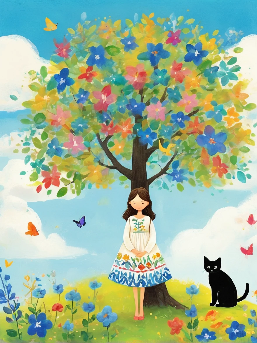 Neutral Color，Boho，Matte，Broken glass effect，Vivid and bright colors，Natural light，Iwona Lifsches and Catherina Abel Figurative Art，Lovely digital artwork in the style of Andy Kehoe and Jasmine 3 Griffith，Colored sketch of a broadleaf tree，(Beautiful young girl wearing a beautiful dress made of blue flowers:1.5)，(Holding a cute kitten:1.5)，Beautiful landscape background，Colorful leaves on the tree，White Cloud，fantasy-realism，Fascinating，HDR，Highly detailed photorealistic digital art，Miki Asai macro photography，close up，Ultra Detailed，Popular on artstation，Sharp focus，Studio Photos，Intricate details，Very detailed，greg rutkowski，mystery