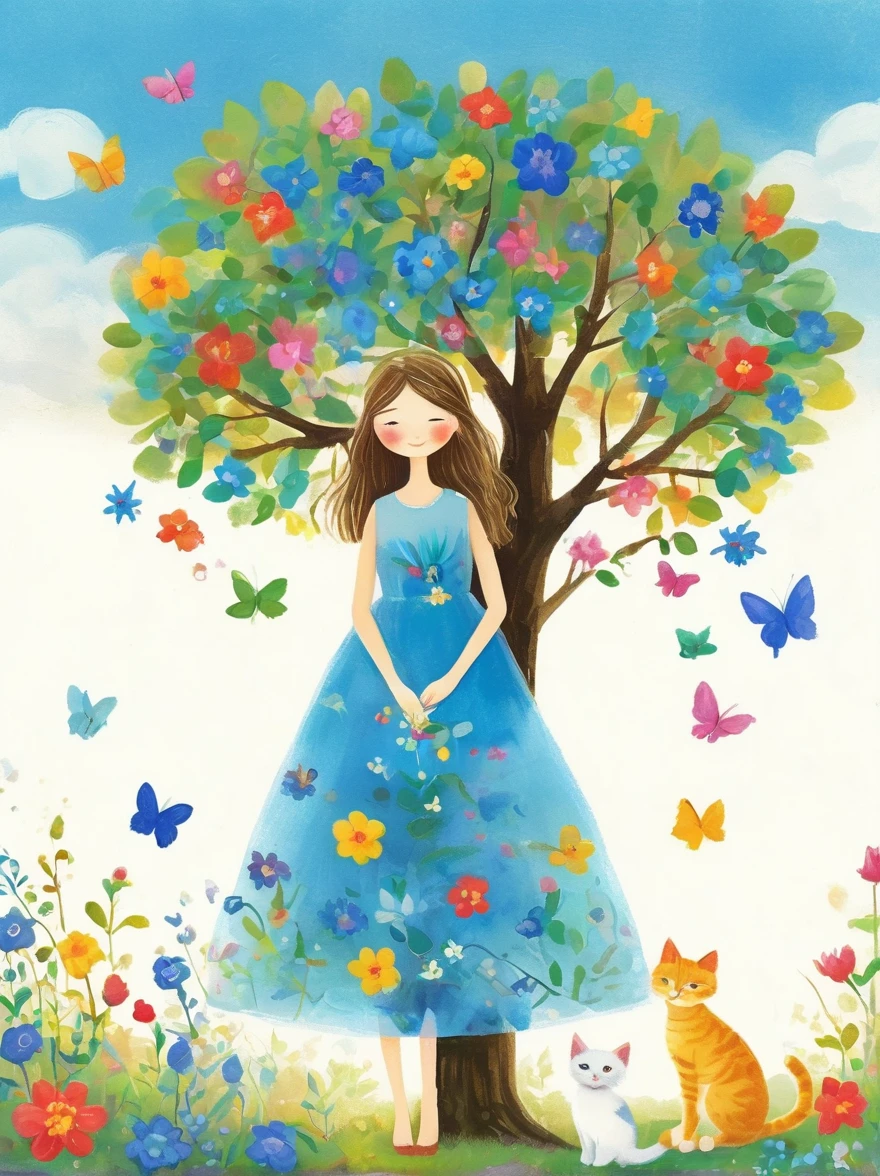 Neutral Color，Boho，Matte，Broken glass effect，Vivid and bright colors，Natural light，Iwona Lifsches and Catherina Abel Figurative Art，Lovely digital artwork in the style of Andy Kehoe and Jasmine 3 Griffith，Colored sketch of a broadleaf tree，(Beautiful young girl wearing a beautiful dress made of blue flowers:1.5)，(Holding a cute kitten:1.5)，Beautiful landscape background，Colorful leaves on the tree，White Cloud，fantasy-realism，Fascinating，HDR，Highly detailed photorealistic digital art，Miki Asai macro photography，close up，Ultra Detailed，Popular on artstation，Sharp focus，Studio Photos，Intricate details，Very detailed，greg rutkowski，mystery