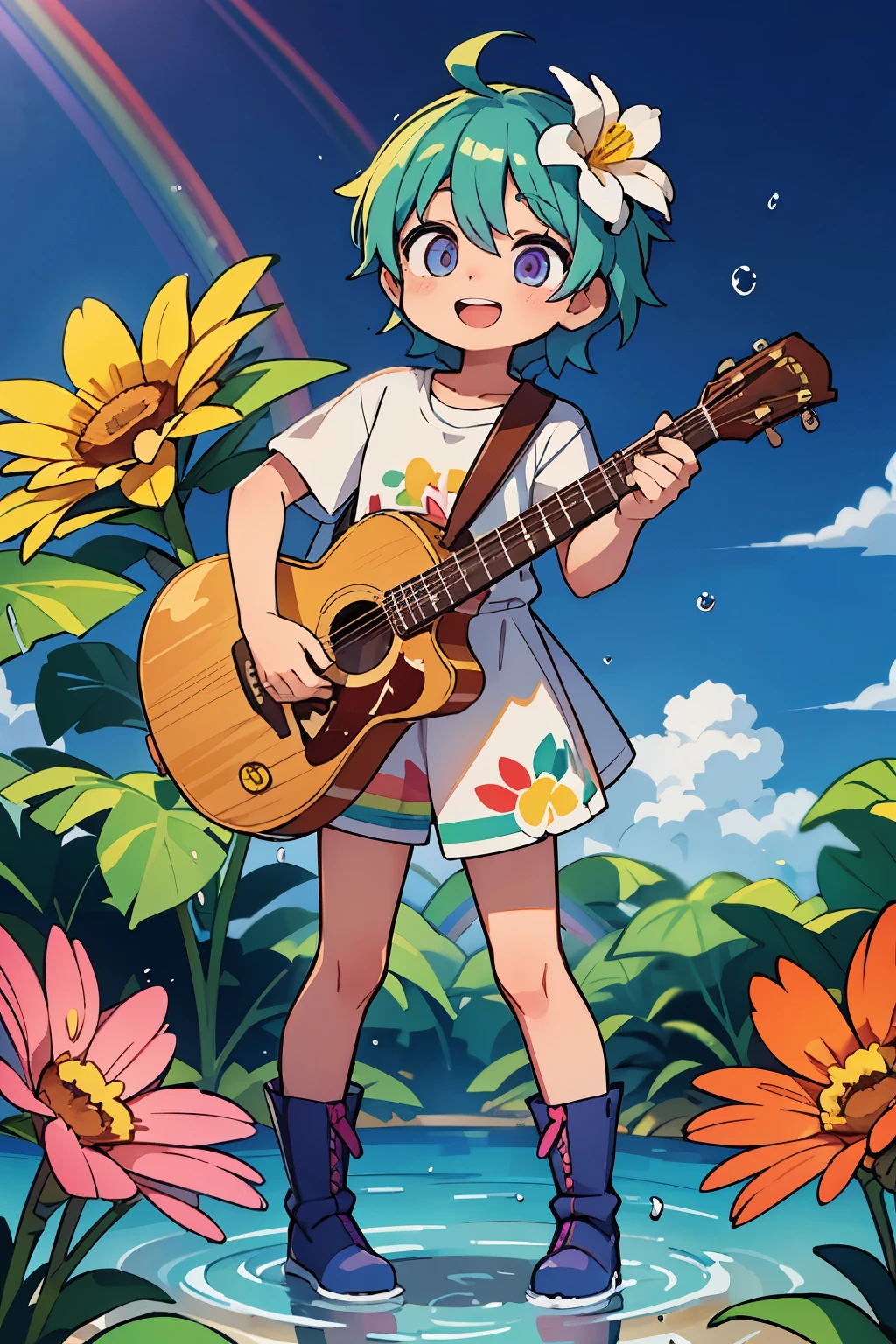 Standing in front of the photo、1 Boy,whole body,Holding musical instruments, Rainbow Hair,Boots,Open your mouth，Show a bright smile、Water drops on cheeks、Handsome pose、Flowing rainbow silk、Face、Eyes up、Colorcon Heart、Summer streetwear、There are flowers even in front of my eyes、petal、season!!: summer☀ 🍂