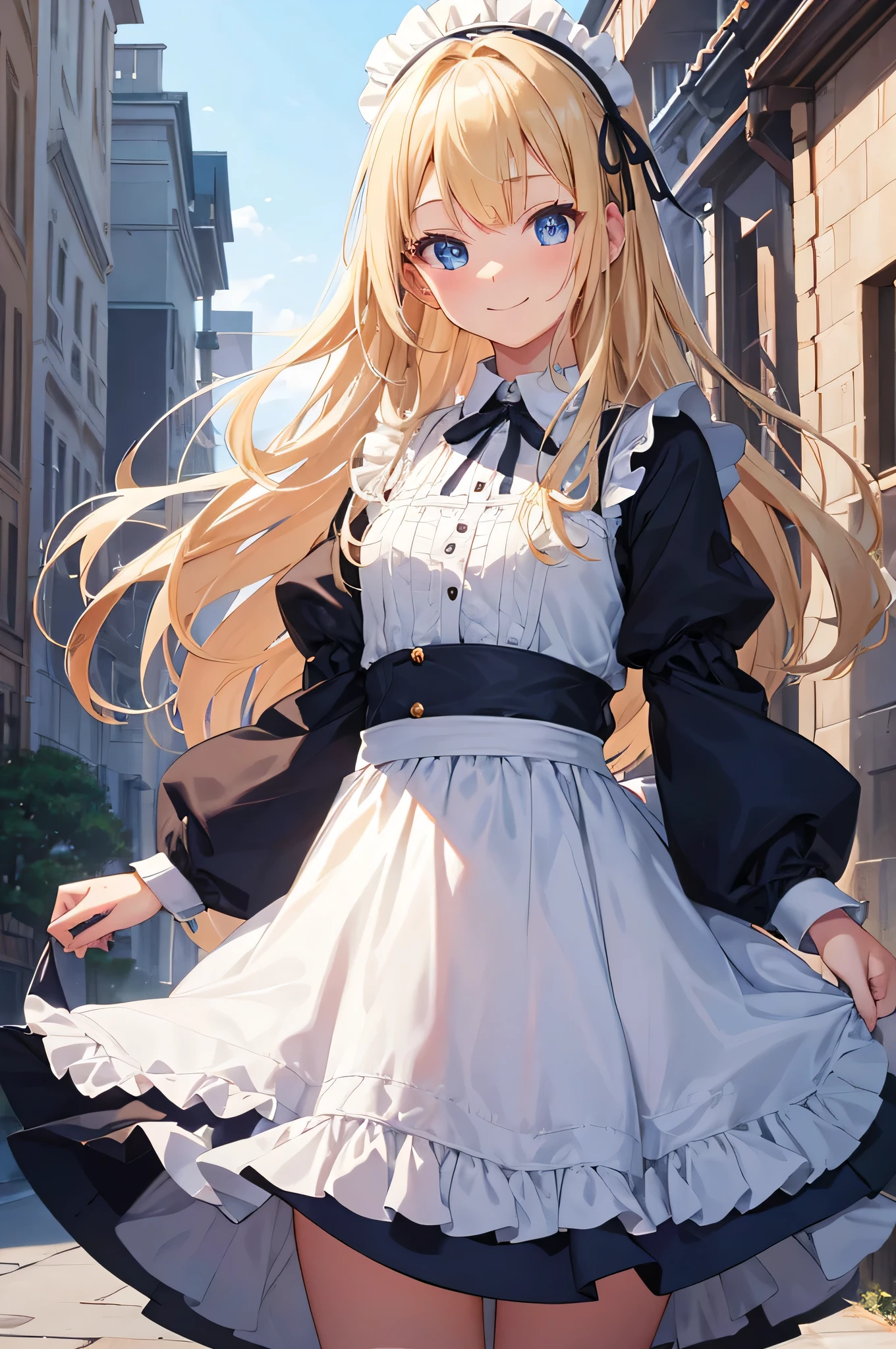 Solo Girl, Are standing,20-year-old,Blonde Hair,Long Hair, blue eyes, Small breasts, smile,Maid,Long sleeve,Long skirt,Western-style building, Very detailed, Absurd, Ultra-high resolution, Super detailed, highest quality, thin, cute, Perfectly symmetrical face, 超cute girl, 超cute face, Very detailed目, Super detailedな髪, 超cute, Super beautiful,