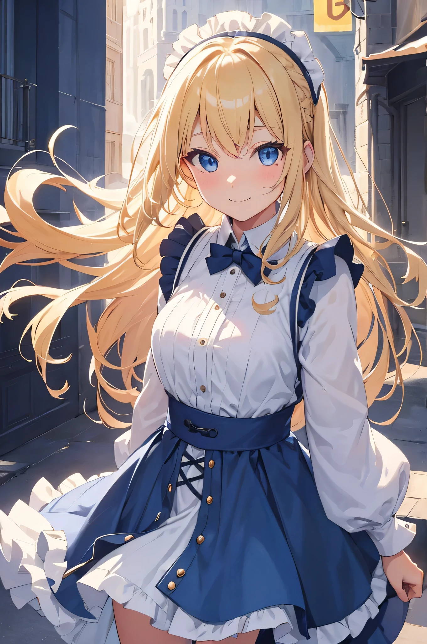 Solo Girl, Are standing,20-year-old,Blonde Hair,Long Hair, blue eyes, Small breasts, smile,Maid,Long sleeve,Long skirt,Western-style building, Very detailed, Absurd, Ultra-high resolution, Super detailed, highest quality, thin, cute, Perfectly symmetrical face, 超cute girl, 超cute face, Very detailed目, Super detailedな髪, 超cute, Super beautiful,