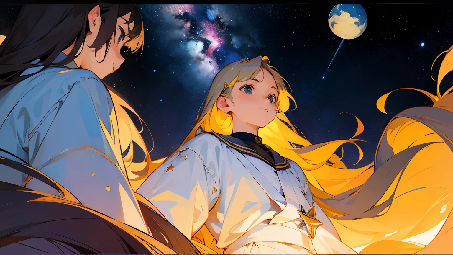 (masterpiece、Best Quality: 1.2)、Provocative composition、Low - Angle、From below、Look Up、Cinematic Anime、universe、universe、milky way、Cosmos、惑star、star、universe飛行士、whole body、Super detailed、Beautiful Face、Fine grain、Anime clips of three girls floating in great detail、Correct ???????、Incredible Absades