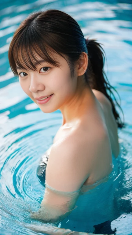 A girl named Saori, Ponytail, Black Hair, 20 years old, ample bosom, Plump, first-person view, Soft Flare, f/1.4, 85mm, Nikon, soft smile, UHD, retina, masterpiece, ccurate, anatomically correct, textured skin, super detail, high details, high quality, best quality, highres, 1080P, HD, 4K, 8k, swimming