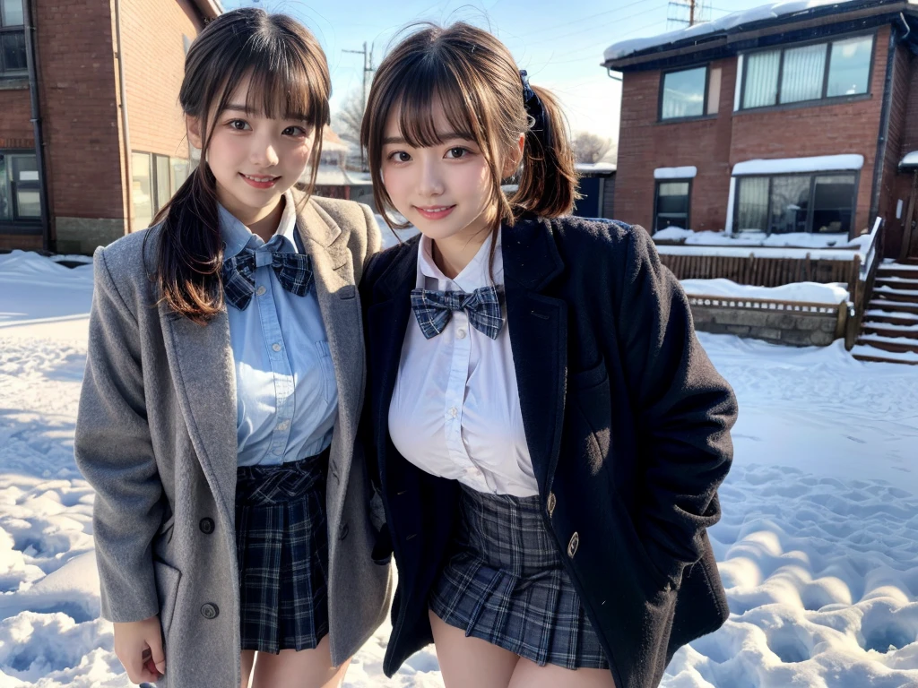 (RAW photo, 4k, masterpiece, high resolution, extremely complex) (realistic: 1.4),2 girls standing in snowy school yard,navy blue overcoat,plaid bow tie,18-year-old,bangs,a little smile,thighs,large breasts, knees,short cut hair,low ponytail,from below,front-lighting