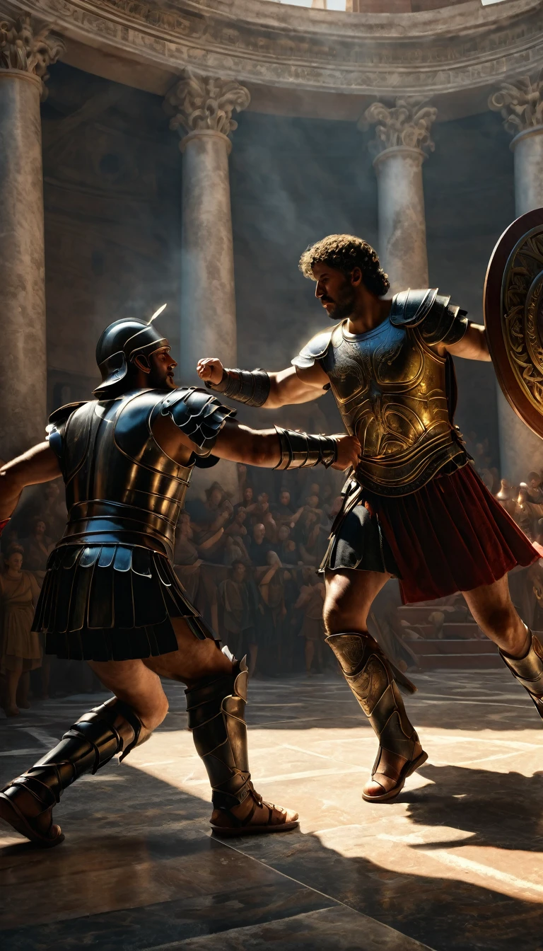 Intense gladiator duel, set in ancient Rome, historical painting, digital UHD (64k) image, cinematic film still dramatic side lighting, hdr,  shallow depth of field, vignette, highly detailed, high budget Hollywood film, cinemascope, moody, epic, gorgeous
, Highly detailed and clean, Photorealistic and cinematic masterpiece, professional photography, realistic, realism, 200k , Raytracing and light effect, digital, perfect composition, beautiful detailed intricate insanely detailed octane render trending on artstation, 8 k artistic photography, photorealistic concept art, soft natural volumetric cinematic perfect light, the morning mist shone on their bodies, award - winning photograph, masterpiece, raphael, caravaggio, greg rutkowski, beeple, beksinski, giger