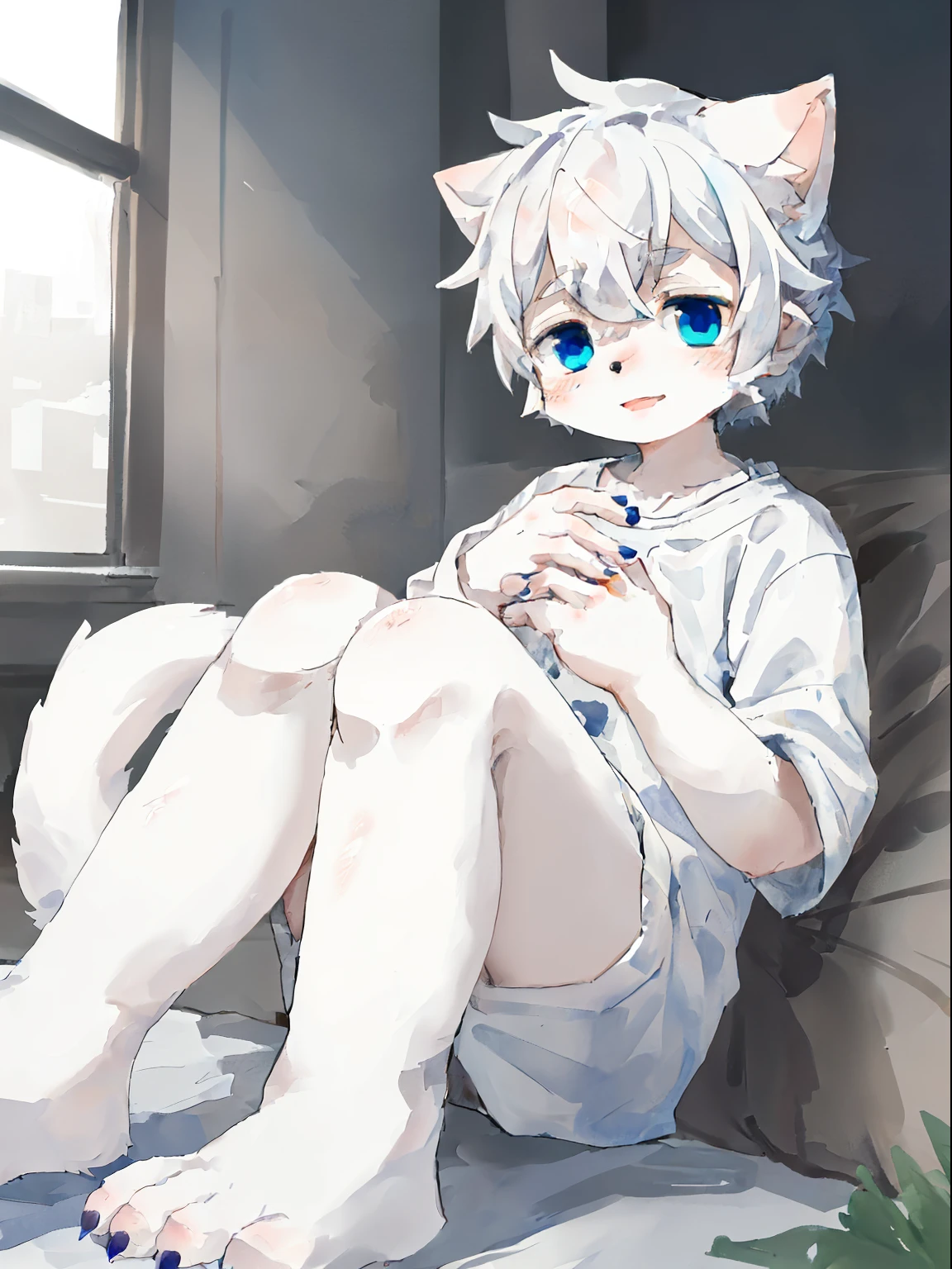 A cute and delicate furry male with white fur and hair everywhere, blue eyes, white fur everywhere, hands and legs with cat like claws, short nails, and a furry tail