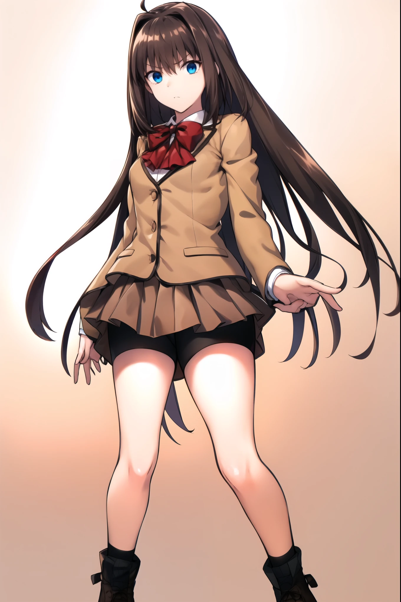 8k, high quality, AokoSchoolUniform, ((1girl)), (((solo))), (chestnut-brown hair with slightly reddish undertone), perfect face, red bowtie, beige blazer, (((Umber pleated mini-skirt:1.6))), (black spandex shorts:1.4), (nice thighs:1.4), (Over-the-Knee black Socks:1.5), brown Strap-Shoes shoes, (standing), (full body), (white-empty background:1.4), completely empty background